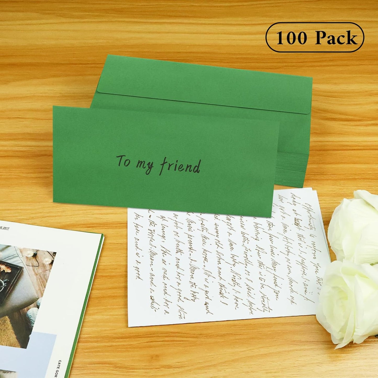 100 Pack #10 Business Envelopes, Green Standard Envelopes Self Seal, Letter Size Mailing Envelopes for Checks Letters Invoices Statements Birthday Graduation Wedding, 4 1/8 x 9 1/2 Inch