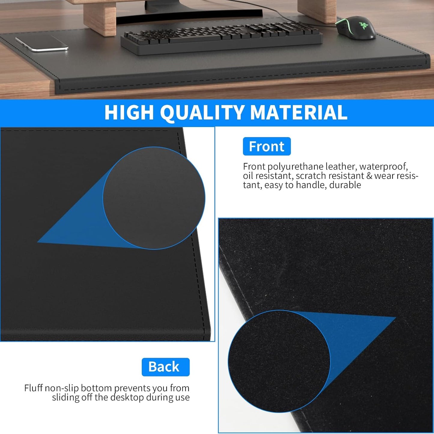 AKOZLIN 35.4"x 18.9" Soft PU Leather Surface Office Desk Mouse Mat Anti-Push Pad with Full Grip Fixation Lip Table Blotter Edge-Locked Protector