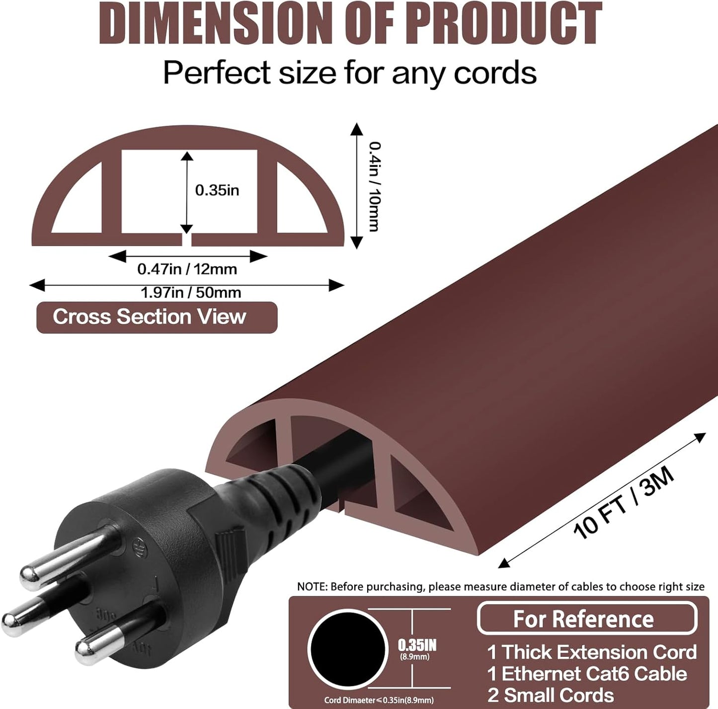 Floor Cord Cover Self Adhesive Cord Hider,10FT Cable Management, Extension Strip Protector for Wires, Prevent Cable Trips for Offices, Gyms, Exhibitions Cavity:0.47"(W) x 0.35"(H) Coffee