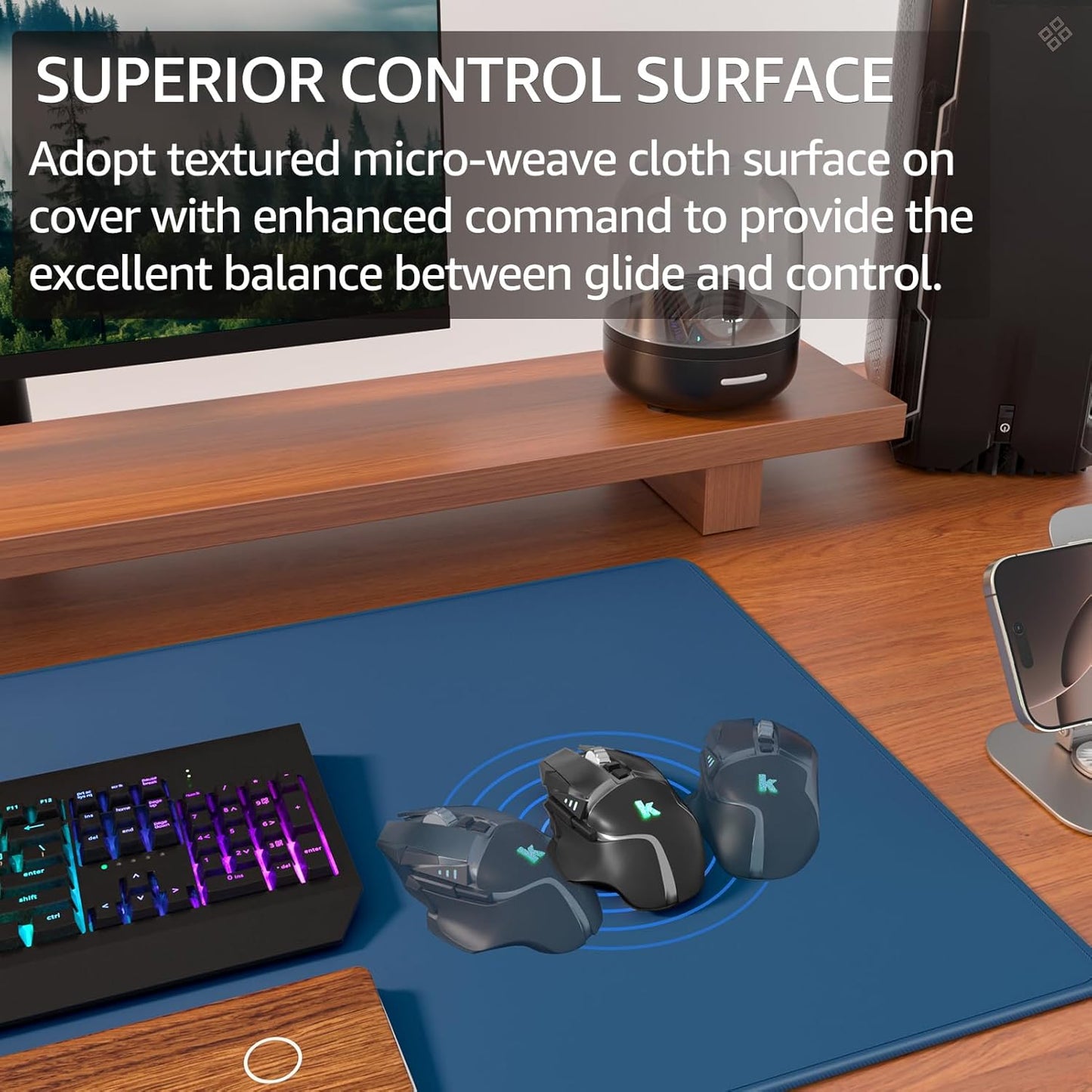 KTRIO Large Gaming Mouse Pad with Stitched Edges, Extended Mousepad with Superior Micro-Weave Cloth, Non-Slip Base, Water Resist Keyboard Pad for Gamer, Office & Home, 31.5x15.7in, Navy Blue