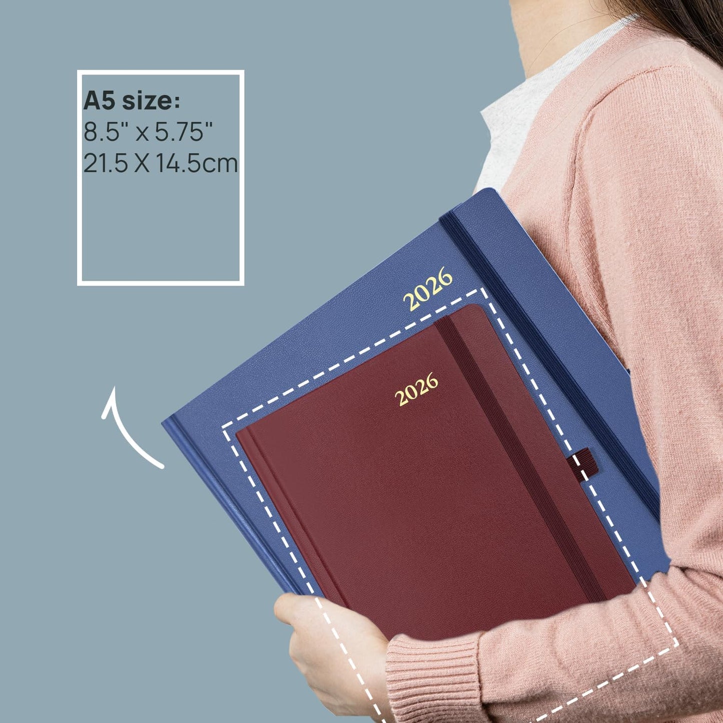 POPRUN 2026 Daily Planner One Page Per Day A5 Size Calendar (5.75" x 8.5") - 12 Months Hourly Appointment Book with Hardcover, Pocket, Pen Holder - Navy Blue