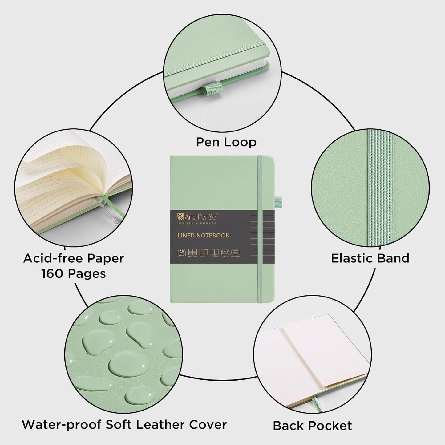 &And Per Se Lined Journal Notebook, 160 Pages, A5 5.7 x 8 inches College Ruled Thick Paper Notebook Journals for Writing, Hardcover Notebooks for Women Men Office School (1 Pack, Light Green)