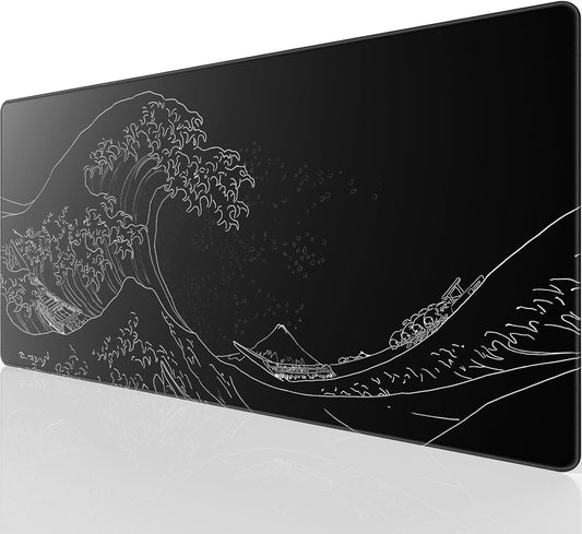 KTRIO Large Gaming Mouse Pad with Stitched Edges, Extended Mousepad with Superior Micro-Weave Cloth, Non-Slip Base, Water Resist Keyboard Pad for Gamer, Office & Home, 31.5x15.7in, Kanagawa Wave
