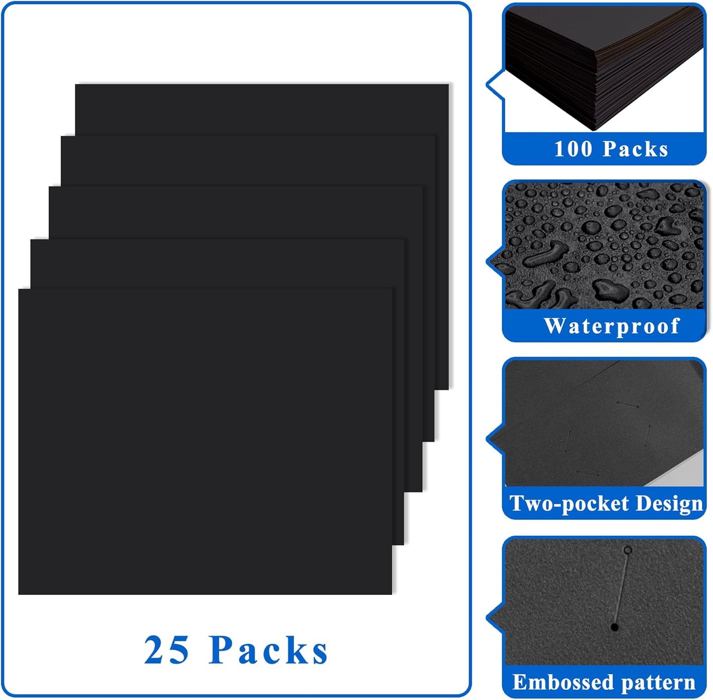 Zzrywuty File Folders with Pockets Letter Size, 50-Pack Paper Folders with Card Slot, Two Pocket Folders for School Students, Businessmen, Home and Office Workers（Black）