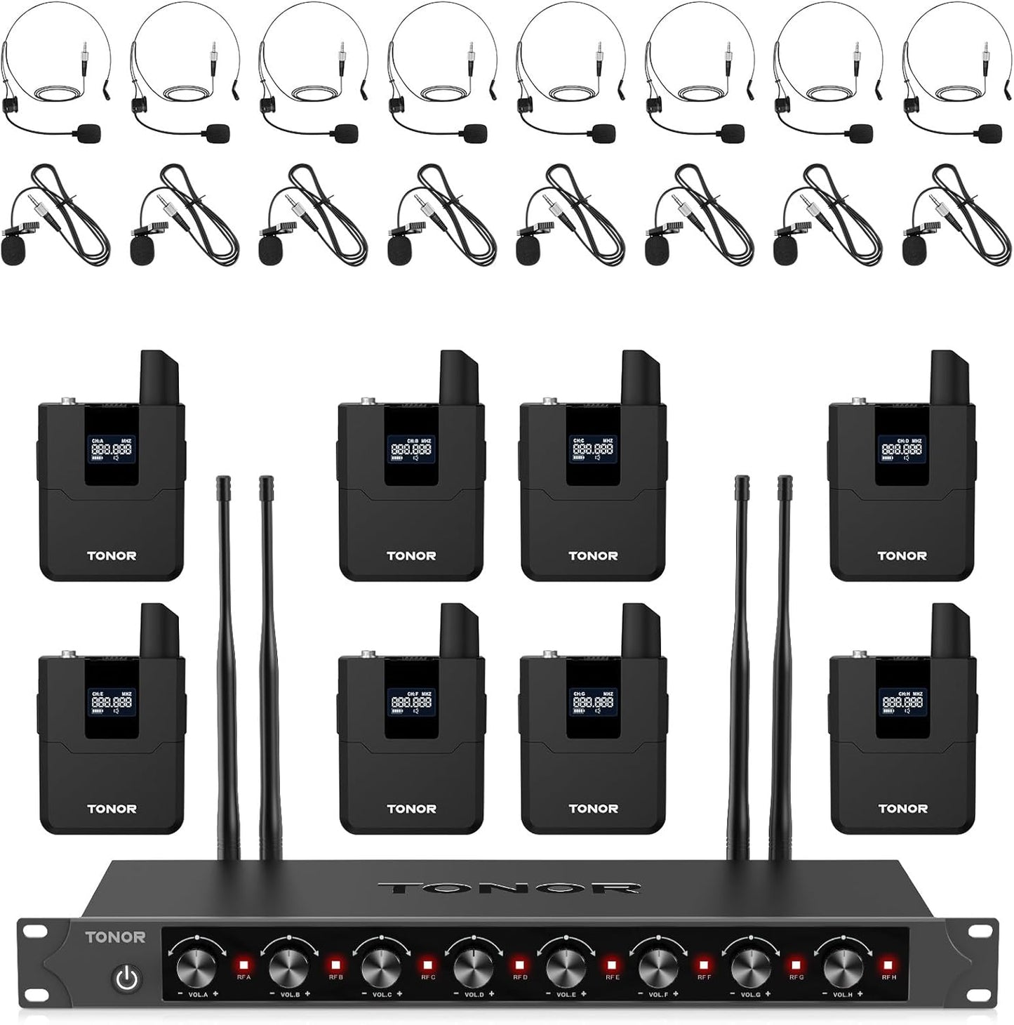TONOR Wireless Microphones System with 8x12 Channels Headset/Lavalier Lapel Mics, Bodypack Transmitter, Receiver, 295ft UHF Range for Church Conference Performance Singing Karaoke PA Speaker Mixer