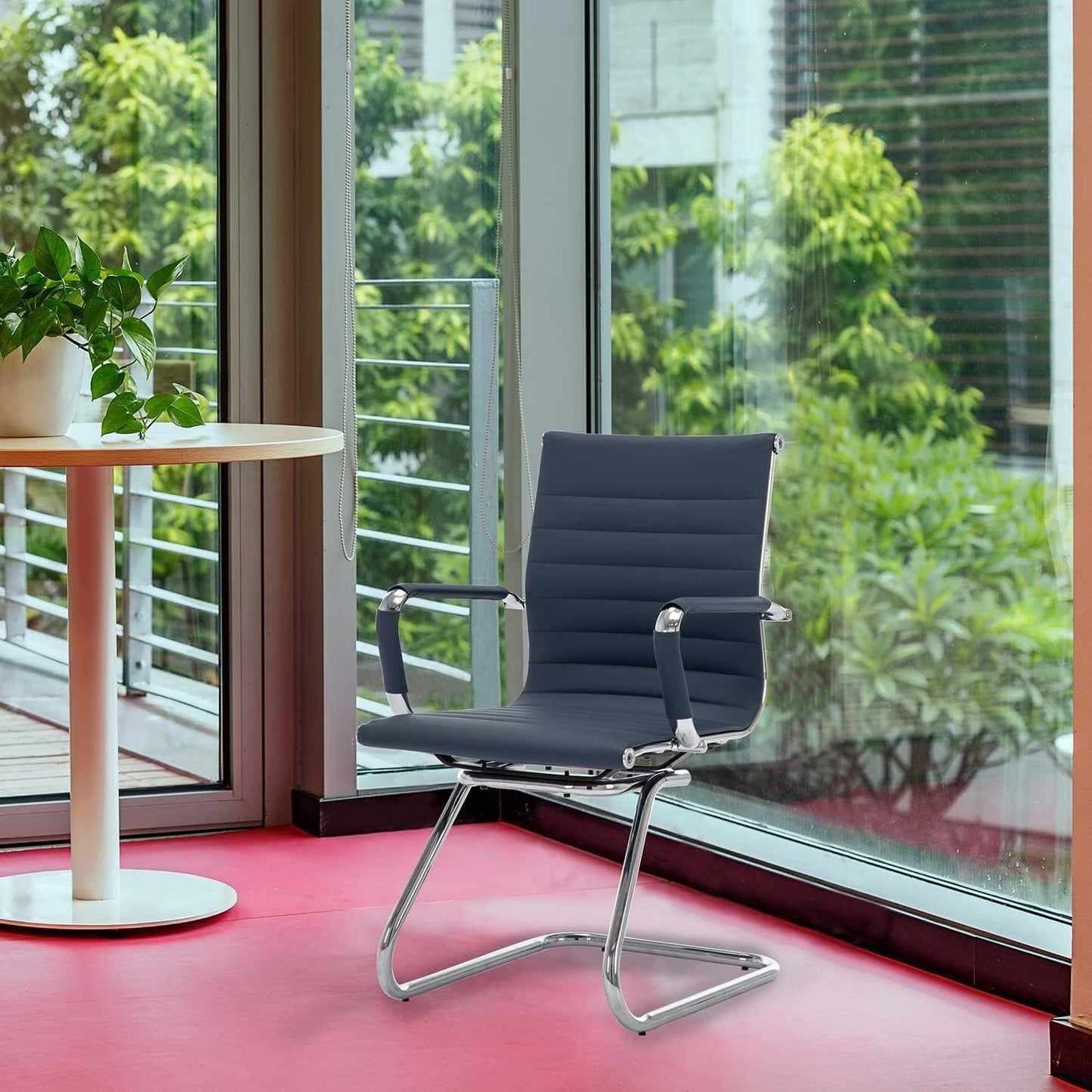 Office Desk Chair Set of 8,No Wheels PU Leather Computer Chairs Mid Back Guest Chairs with Seld Base for School/Reception/Conference/Waiting Room,Navy Blue