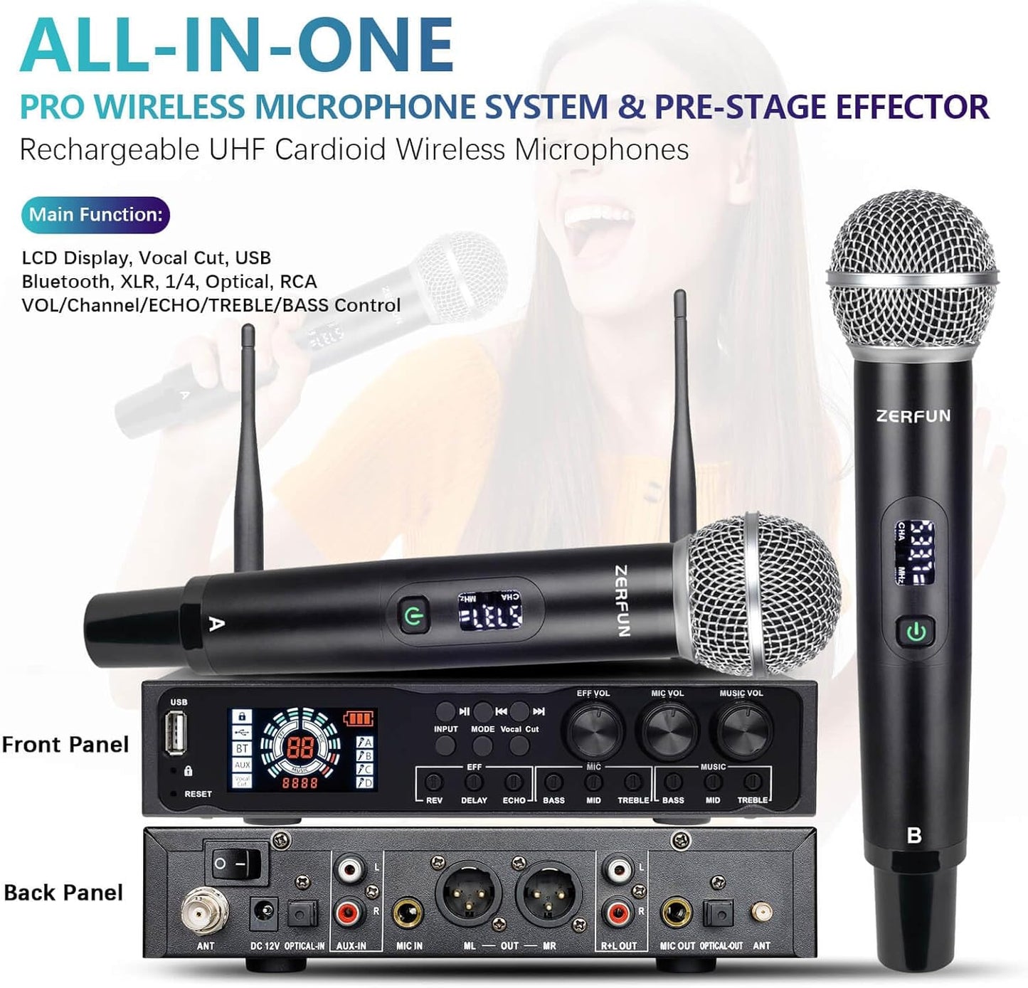 Pro 4 Channel Wireless Microphone System Rechargeable & Pre Effector, UHF Metal Handheld Cordless Mics with LCD Display, Vocal Cut, Bluetooth, USB Port, XLR, 1/4, Optical, RCA Input/Output