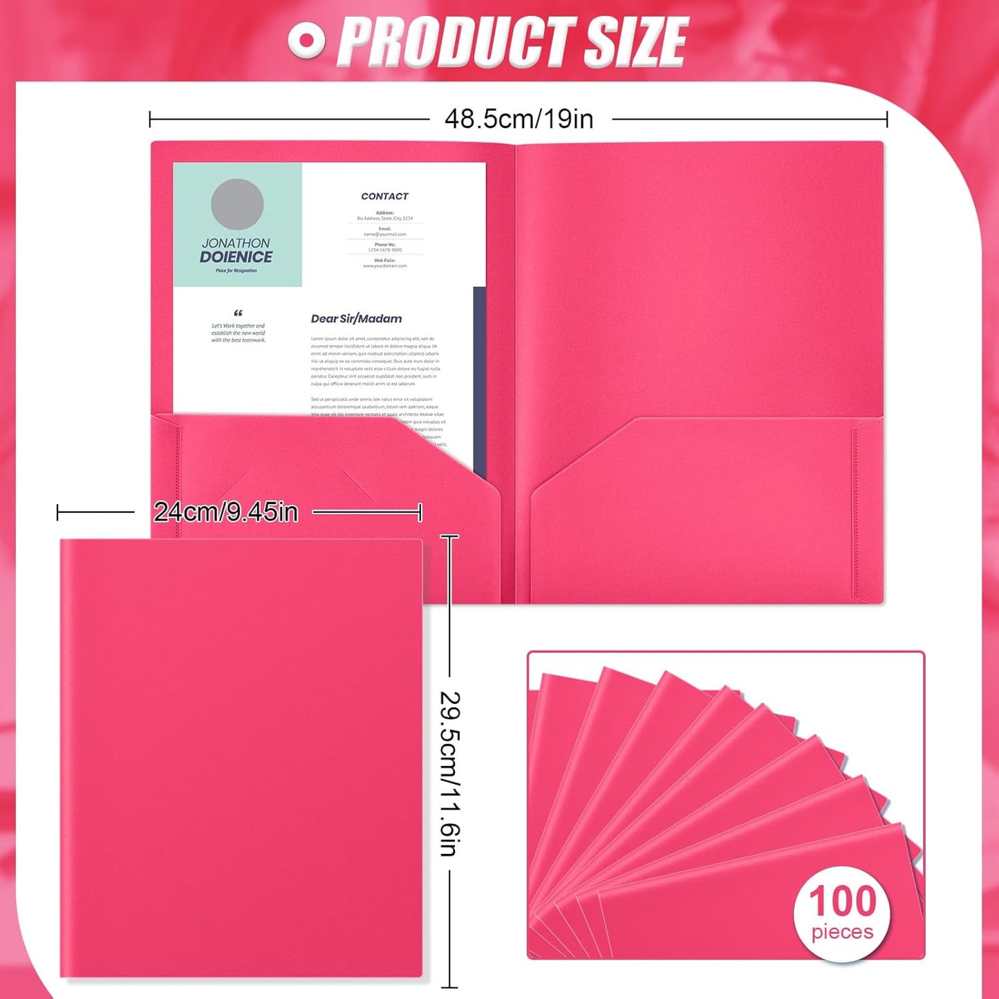 Gueevin 100 Pcs Two Pocket Folders Bulk Plastic File Folder with 2 Pockets Letter Size Paper Heavy Duty Durable Portfolios Case for Home Office School Business 11.61 x 9.45 Inch (Hot Pink)