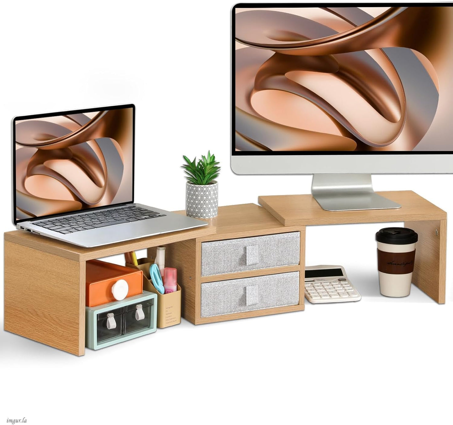 TEAMIX 42 inch Dual Monitor Stand Riser with 2 Drawers- Length and Angle Adjustable 3 shelf Riser with Storage Desk Organizer Computer Monitor Stand for 2 Monitors/Laptop/PC,Screen/TV Stand Riser