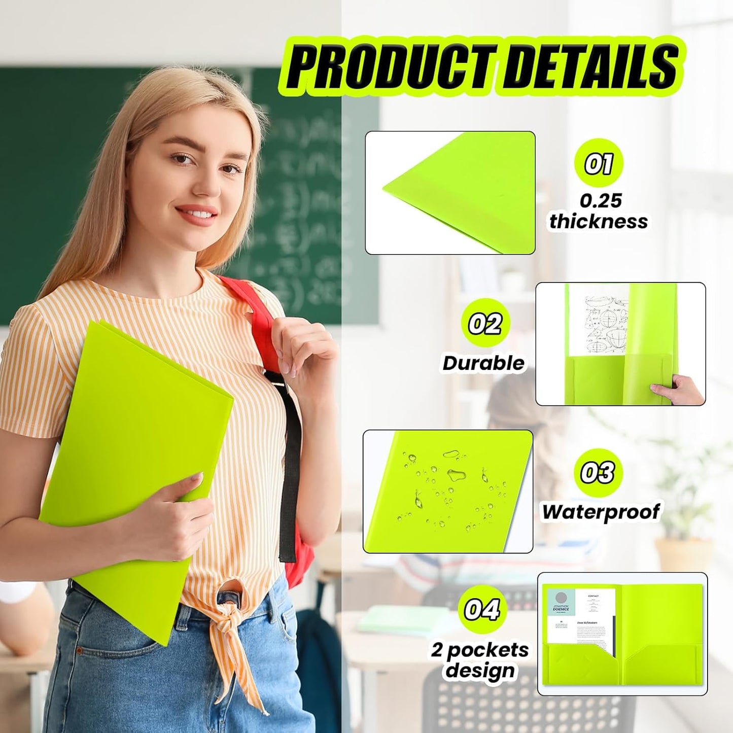 Gueevin 24 Pcs Plastic Folders with Pockets, Back to School Two Pocket Folder Fit Letter Size, Heavy Duty School Business Card Holder for Home Office, 11. 61 x 9. 45 Inches (Fluorescent Green)