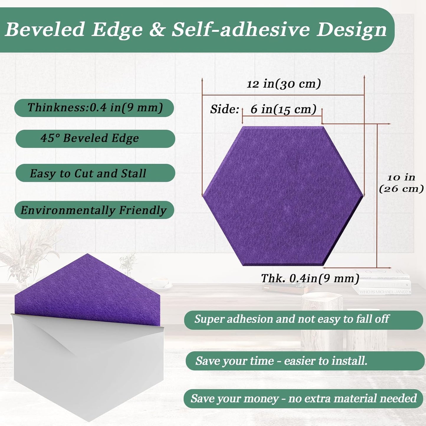 Hexagonal Acoustic Panels-12 Pack High-Density Sound Absorbing Panels 12"X10"X0.4" for Enhanced Noise Reduction, DIY Design, Idea for Studios, Offices, and Home Theaters(Violet)