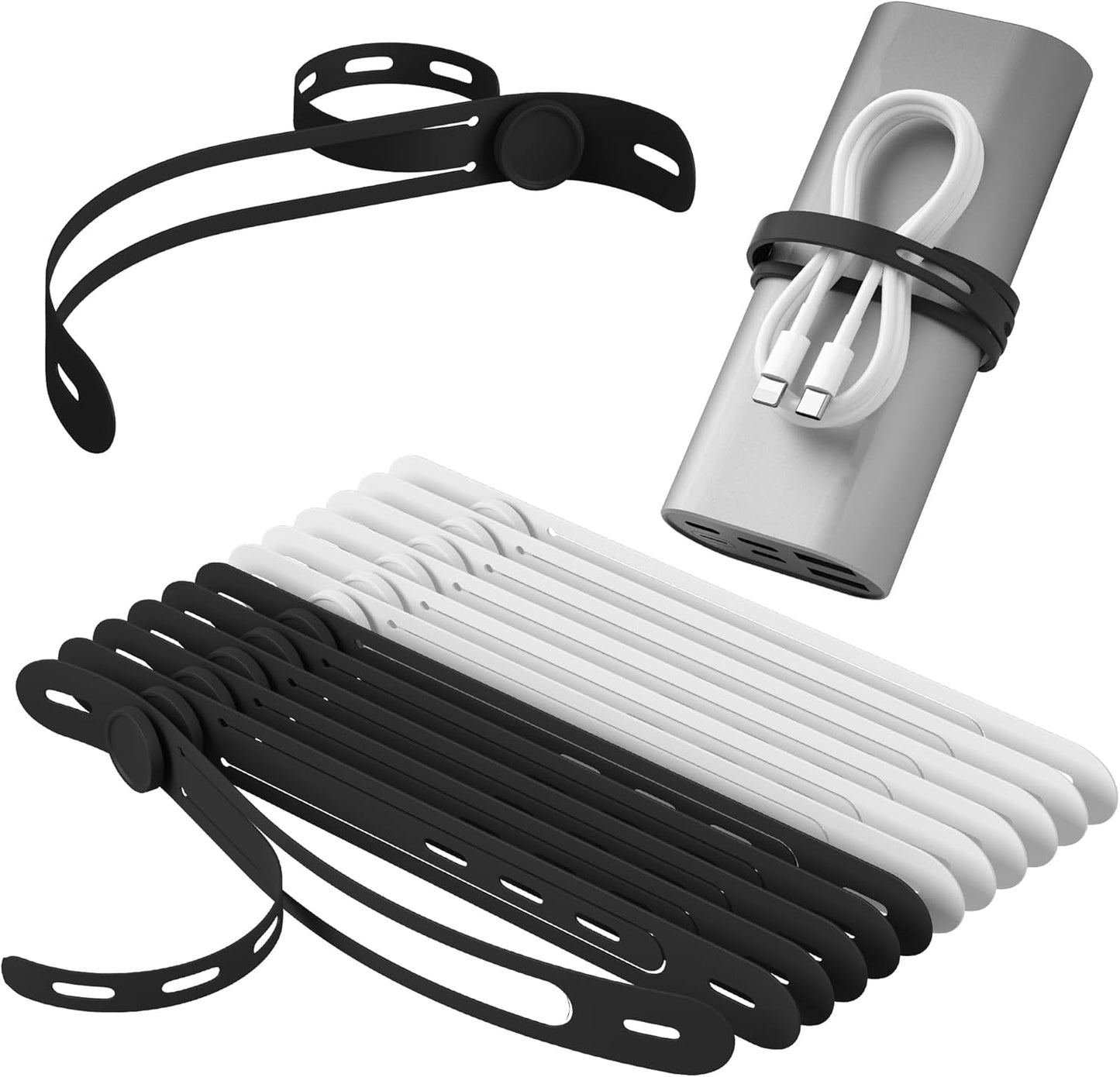 Nearockle Latest Double-Sided Silicone Cable Ties, 12Pcs Reusable Cord Organizer for Bundling Phone Charger and USB Cable, Multifunctional Organizer for Travel Home (White&Black)
