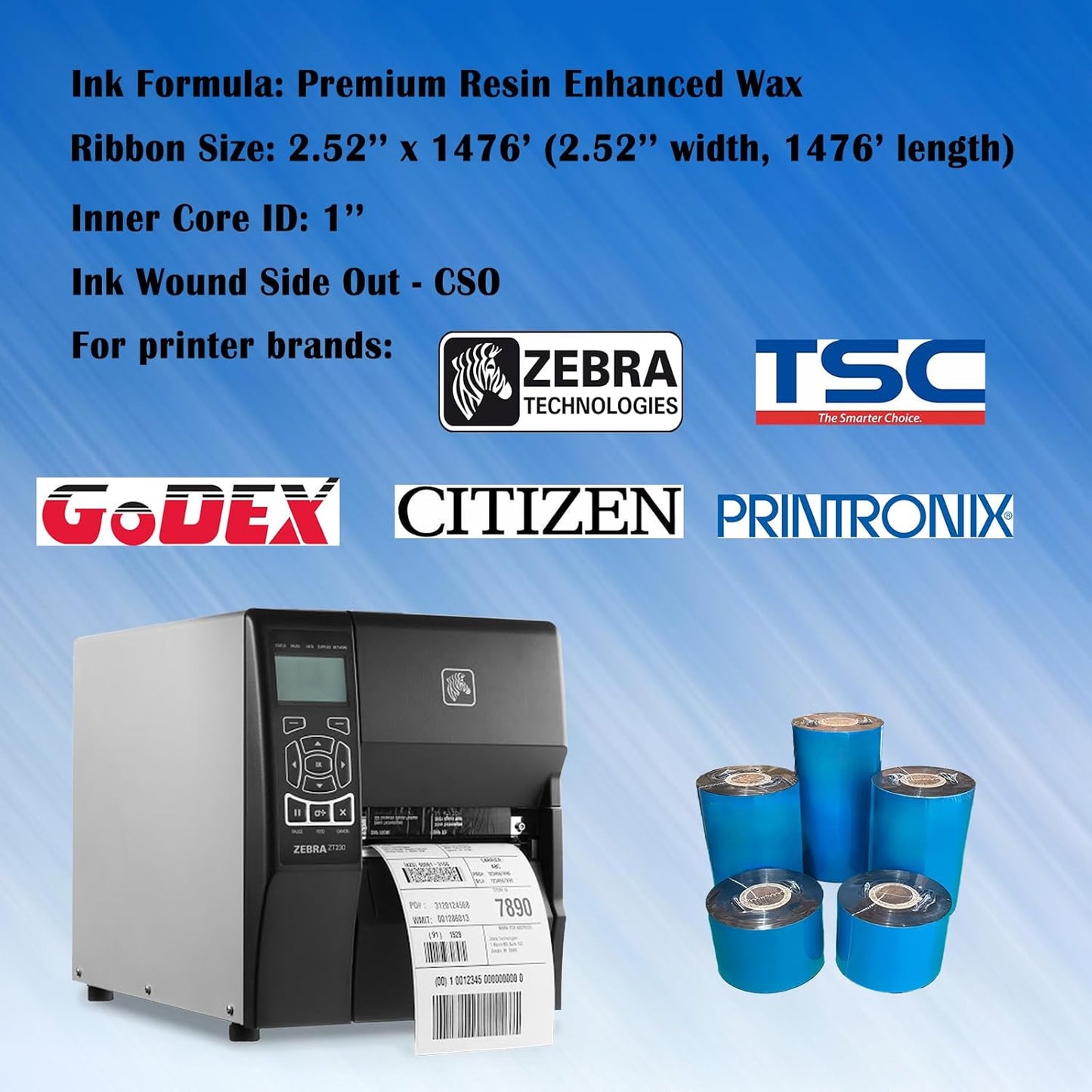 2.52'' x 1476' Premium Resin Enhanced Wax Ribbon, 64mm x 450m Black Thermal Transfer Ribbon for Barcode Thermal Label Printers, CSO-Ink Outside, 1'' Core for Zebra, TSC, GoDex, Citizen (1 Roll)