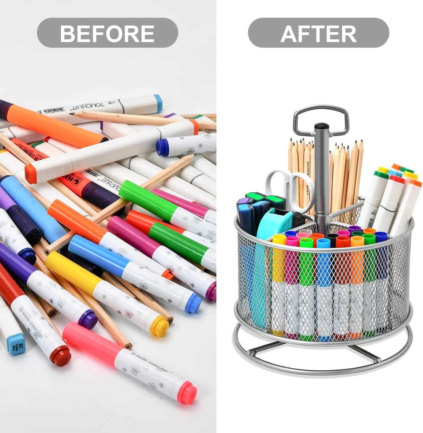 Marbrasse Mesh Desk Organizer, 360-Degree Rotating Multi-Functional Pen Holder, 4 Compartments Desktop Stationary Organizer, Home Office Art Supply Storage Box Caddy (silver)