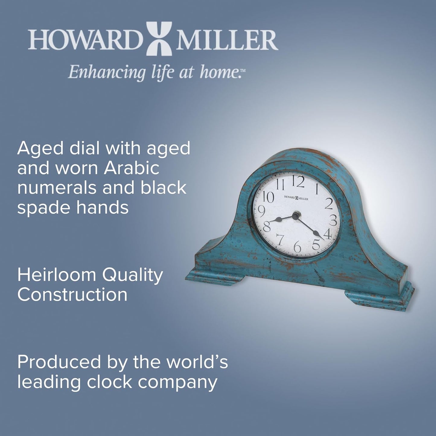 Howard Miller Tamson Mantel Clock, Blue Finish Vintage Wooden Design Round Top Molding, White Analog Dial Quartz Movement Perfect for Home Decor, Office & Living Room, Battery Operated