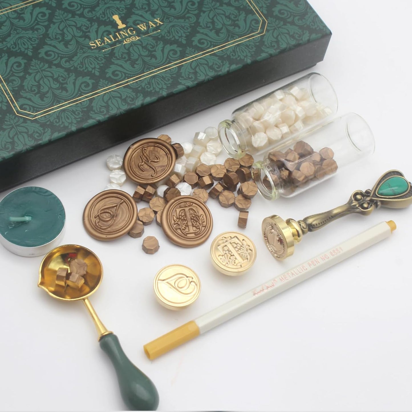 Letter Wax Seal Kit with Initial Alphabet T Wax Seal Stamp Head 3pcs, Pearl White and Vintage Gold Stamp Sealing Beads, Spoon, Metallic Gold & Silver Pen, Vintage Gift Box Set