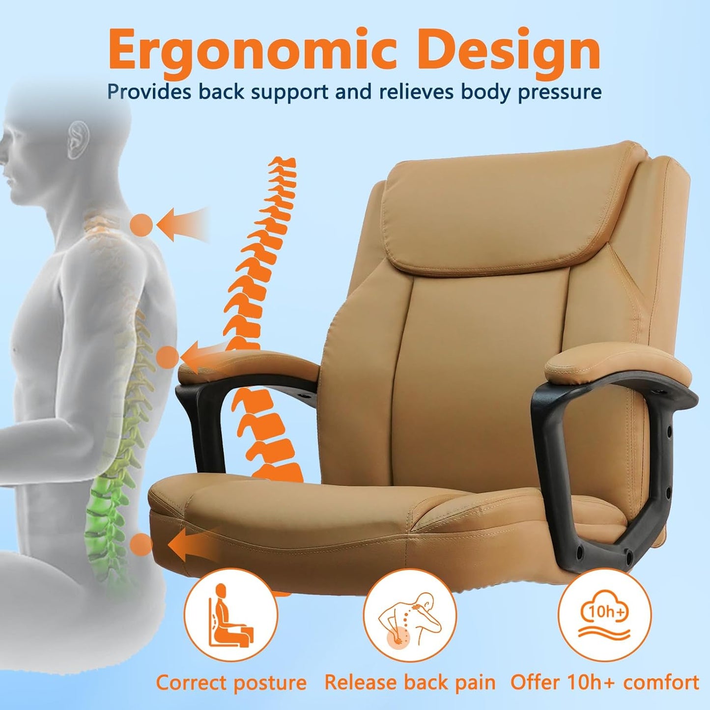 CLATINA Brown Office Computer Chair PU Leather Executive Office Chair Swivel Adjustable Height Chairs with Upholstery Fixed armrest Mid-Back Leather Thick Cushion Office Chairs Brown 2Pack