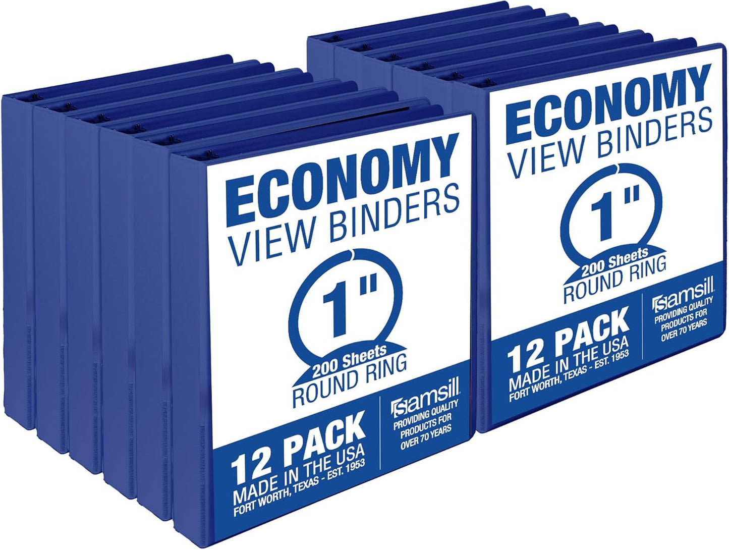 Samsill 1 Inch 3 Ring Binders, Made in USA, Economy Round Ring, Clear View Cover, 200 Sheet Capacity - for School, Home, Office - Blue, 12 Pack