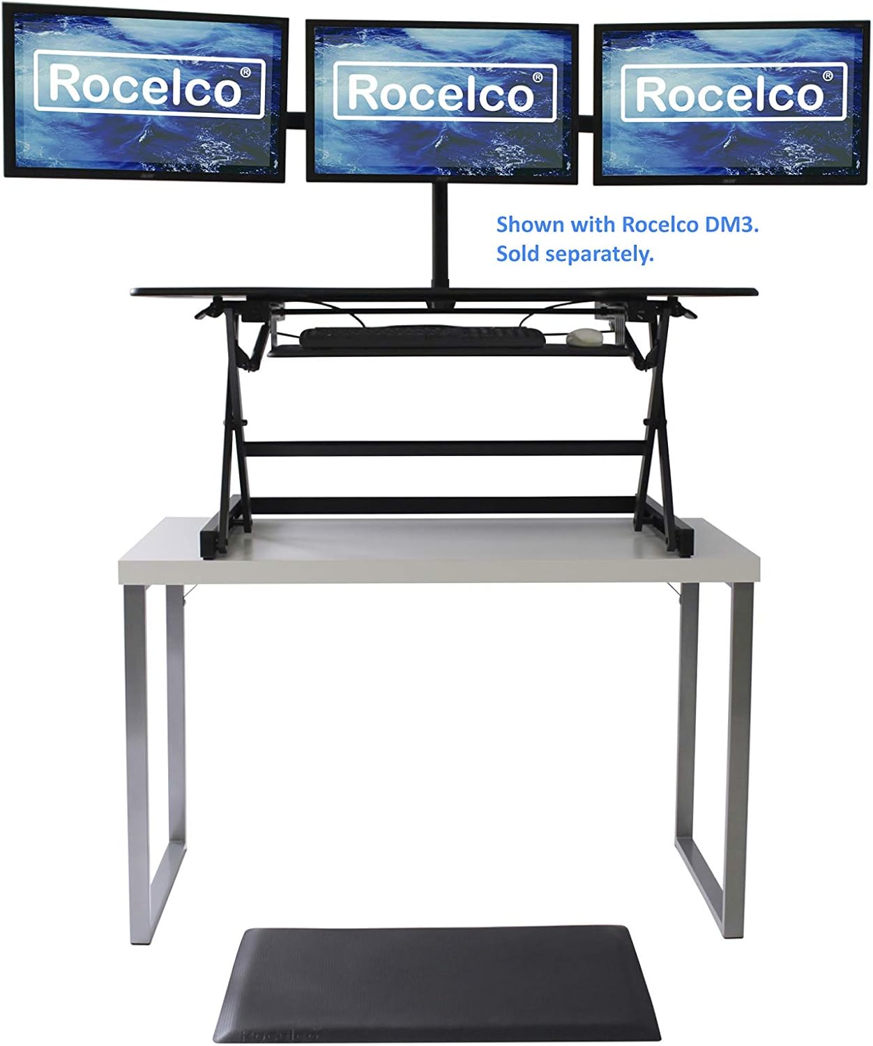 Rocelco 46" Large Height Adjustable Standing Desk Converter with Anti Fatigue Mat BUNDLE - Quick Sit Stand Up Triple Monitor Riser - Retractable Keyboard Tray - Black (R DADRB-46-MAFM)