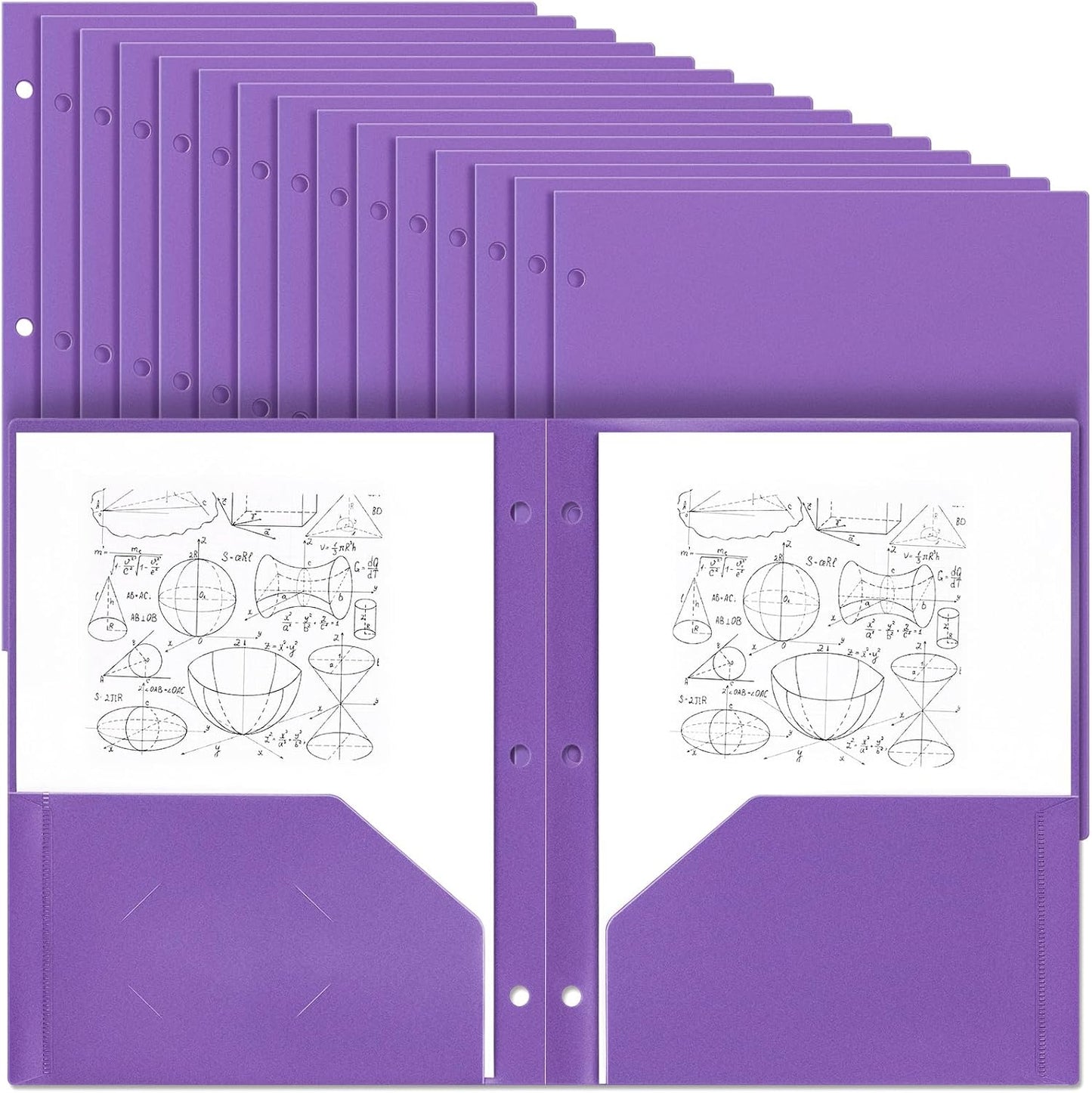 Yeaqee 50 Pcs Plastic Folders with Pockets Bulk 3 Hole Punched 2 Pocket File Folders for 3 Ring Binder Divider Folder for Notebooks, Durable Poly for Office Home (Purple)