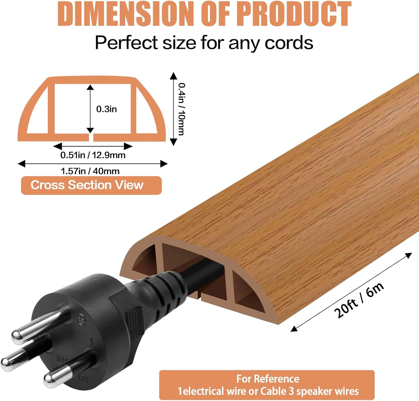 Floor Cord Cover Self Adhesive Cord Hider,20FT Cable Management, Extension Strip Protector for Wires, Prevent Cable Trips for Offices, Gyms, Exhibitions Cavity:0.51"(W) x 0.3"(H) Brown Wood