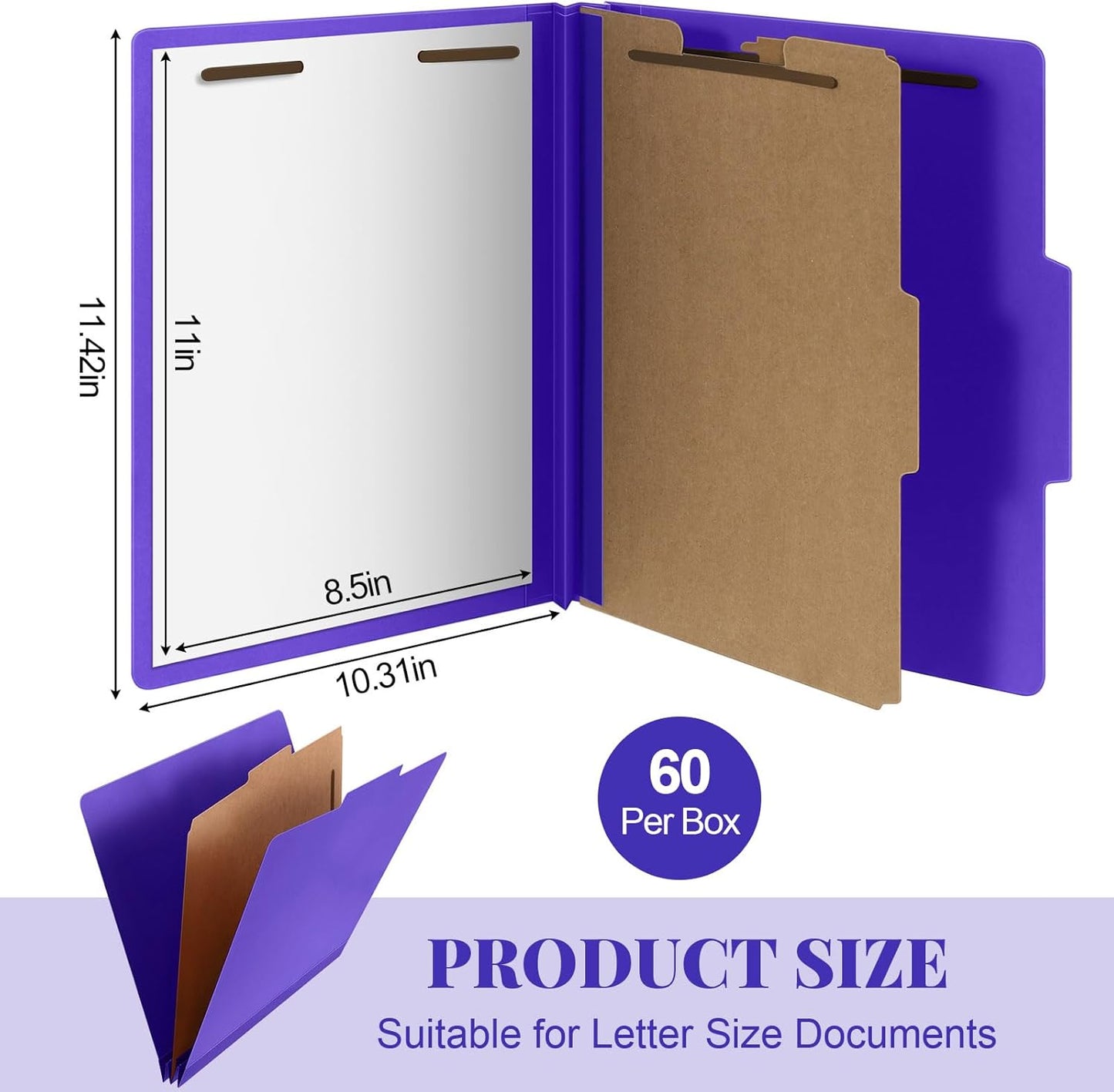 60 Pcs Classification Folders Letter Size, 1 Divider Pressboard File Folder with Fasteners, Expanding File Organizer Bulk for Teachers, Clergy, Office, Church, Christmas Donations (Purple)