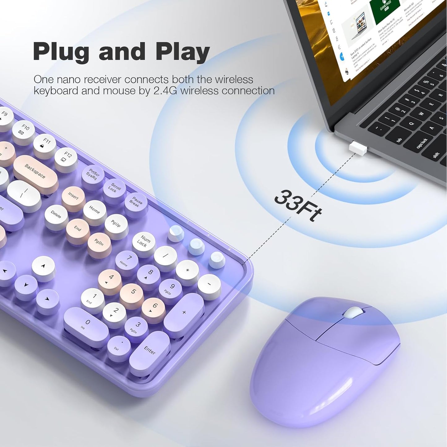 MOFII Wireless Keyboard and Mouse Combo,2.4GHz Retro Full-Size Keyboard with Number Pad and Cute Mouse for Computer PC Desktops Laptop WindowsxP/7/8/10 Purple Colorful