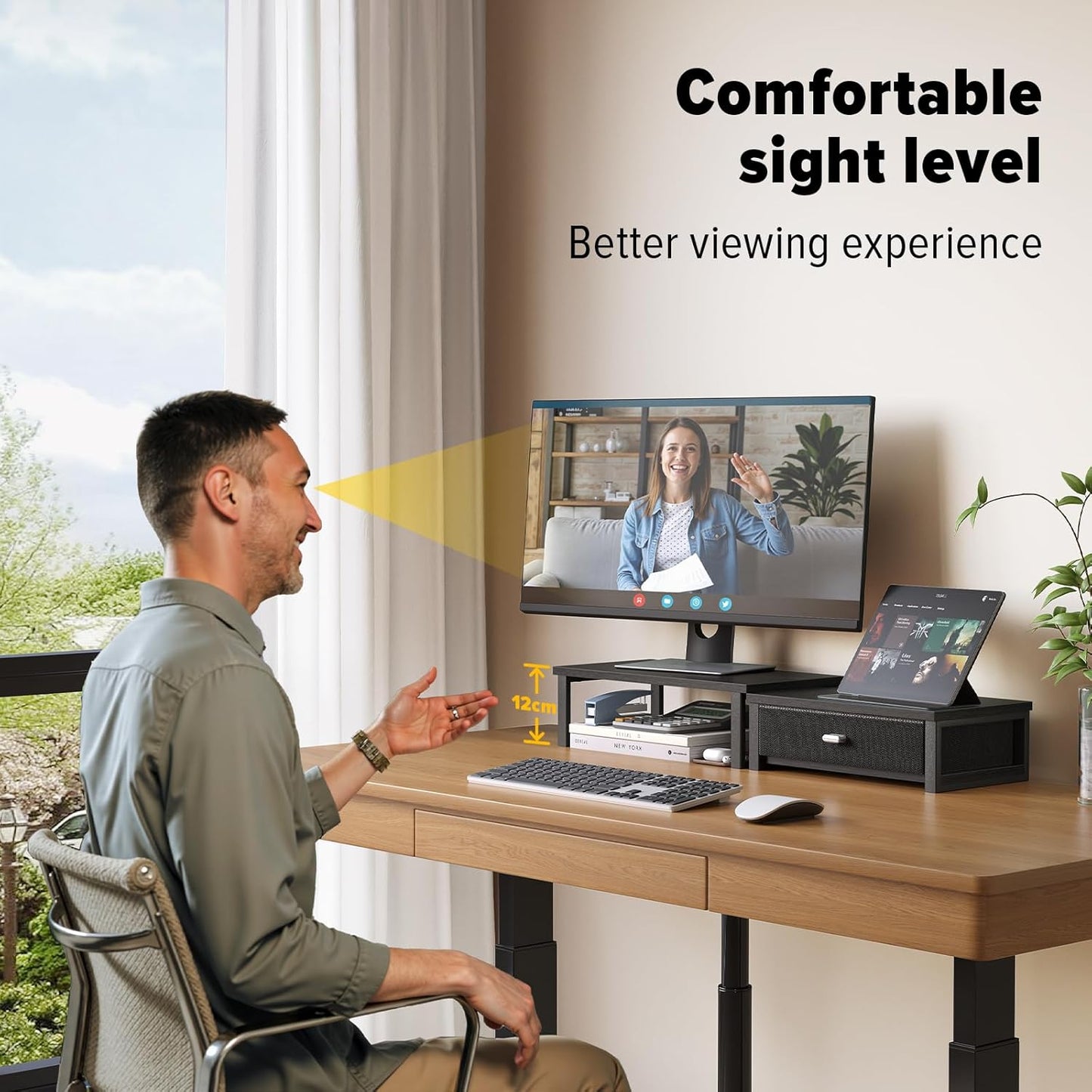 WOHOMO Dual Monitor Stand Riser with Drawers, Desk Organizers for 2 Monitors, Desktop Storage Stand for Computer,Laptop,Black