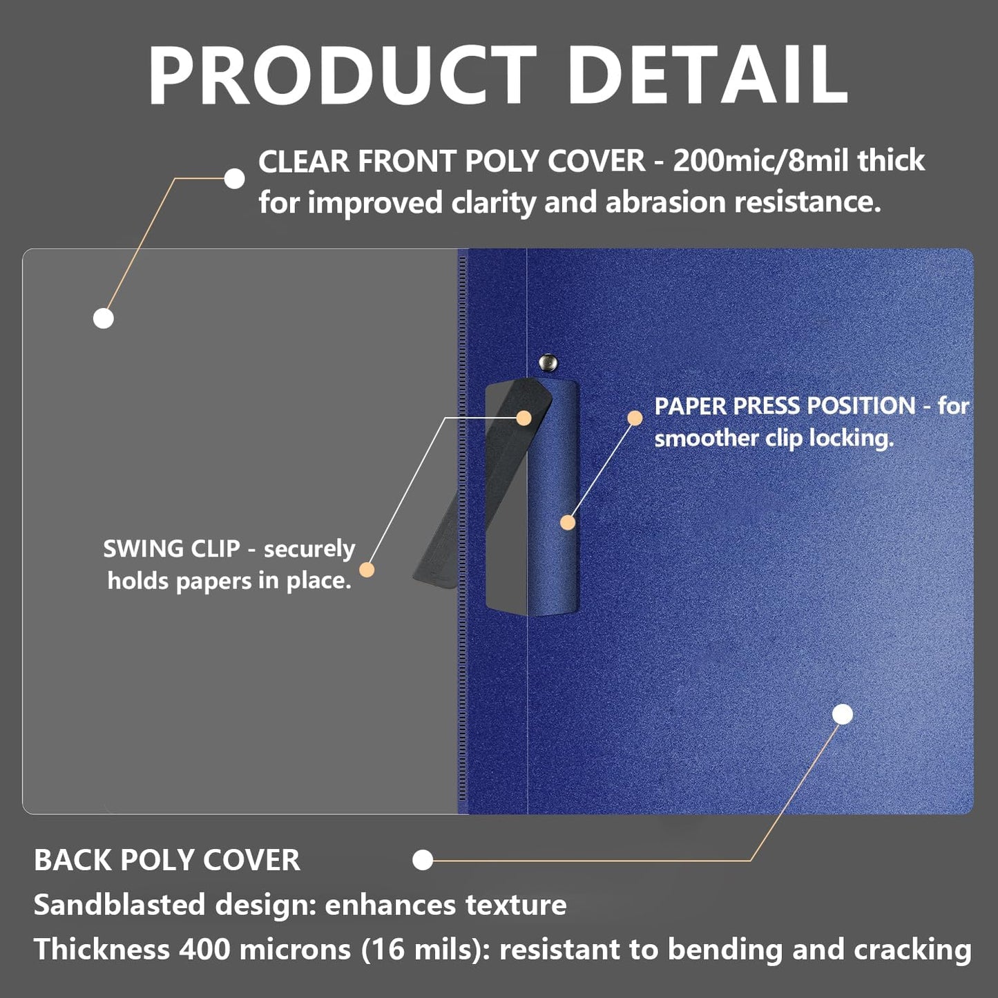 TOTiyea 10 Pack Clear Report Covers with Swing Clip, File Folder with Swing Clip, 30 Sheets Capacity, Slide Locking Report Covers, Letter Size (Navy, 10 Pack)