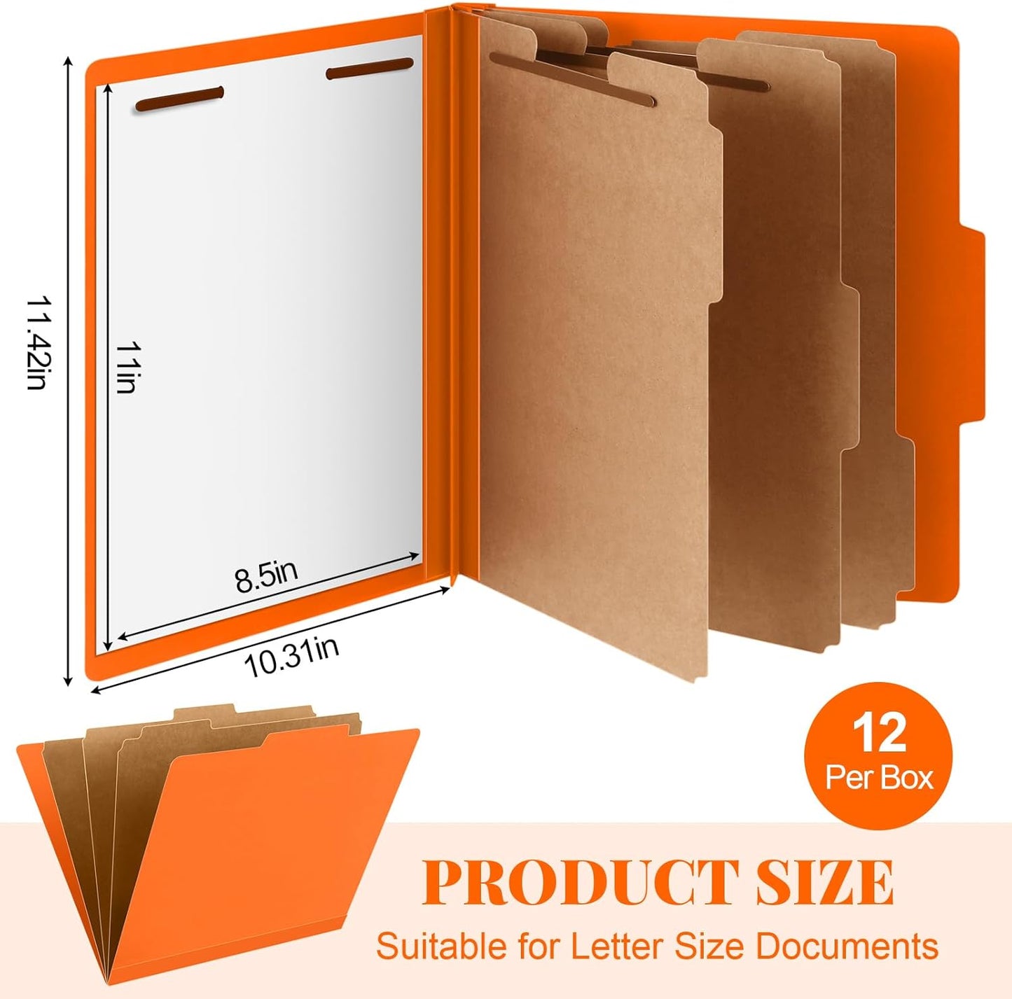 12 Pcs Classification Folders Letter Size, 3 Divider Pressboard File Folder with Fasteners, Expanding File Organizer Bulk for Teachers, Clergy, Office, Church, Christmas Donations (Orange)