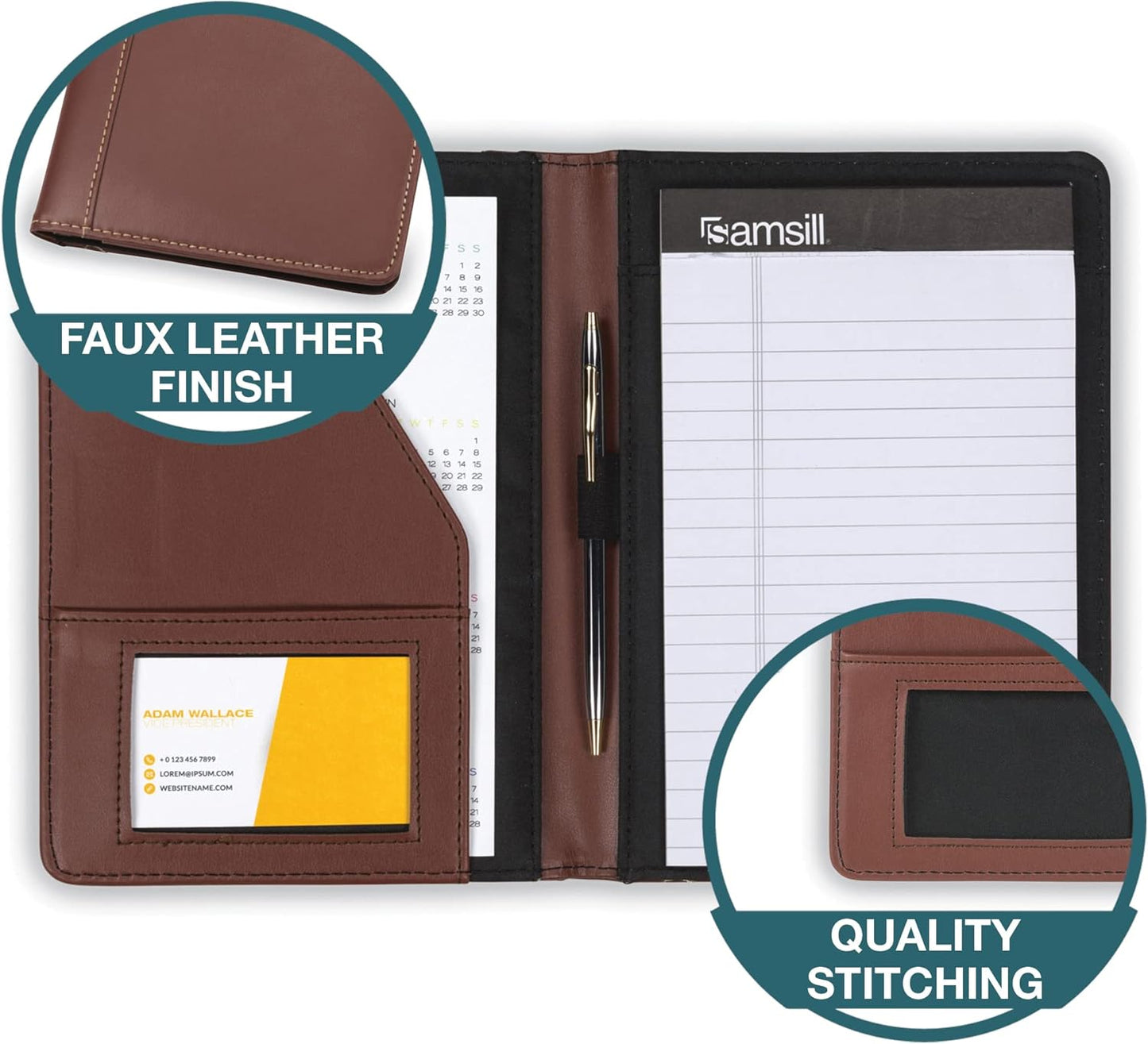Samsill Contrast Stitch Faux-Leather Portfolio, Mini Size Business Interview Professional Padfolio, Includes 5 x 8 Inch Writing Pad, Brown