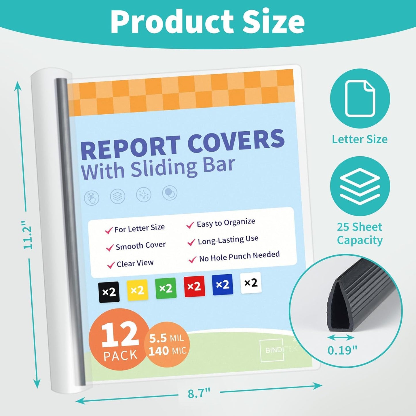 Binditek 12 Pack Clear Report Covers with Sliding Bars, 5mm Sliding Bar File Folder, 25 Sheet Capacity, Letter Size, Multi Color (White, Yellow, Red, Green, Navy, Black), Office Supplies