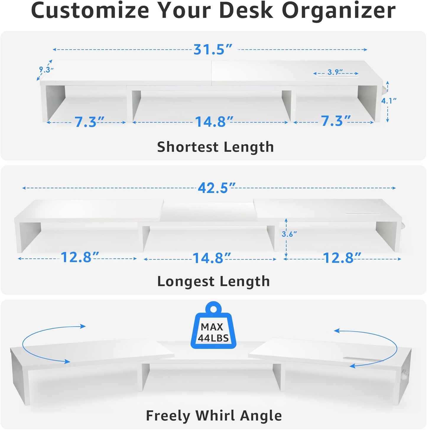Dual Monitor Stand Riser for 2 Monitors, Monitor Stand for Desk, Adjustable Length & Swivel Angle Wooden Desktop Organizer Stand Riser with Smartphone Holder for PC Monitor Laptop, White