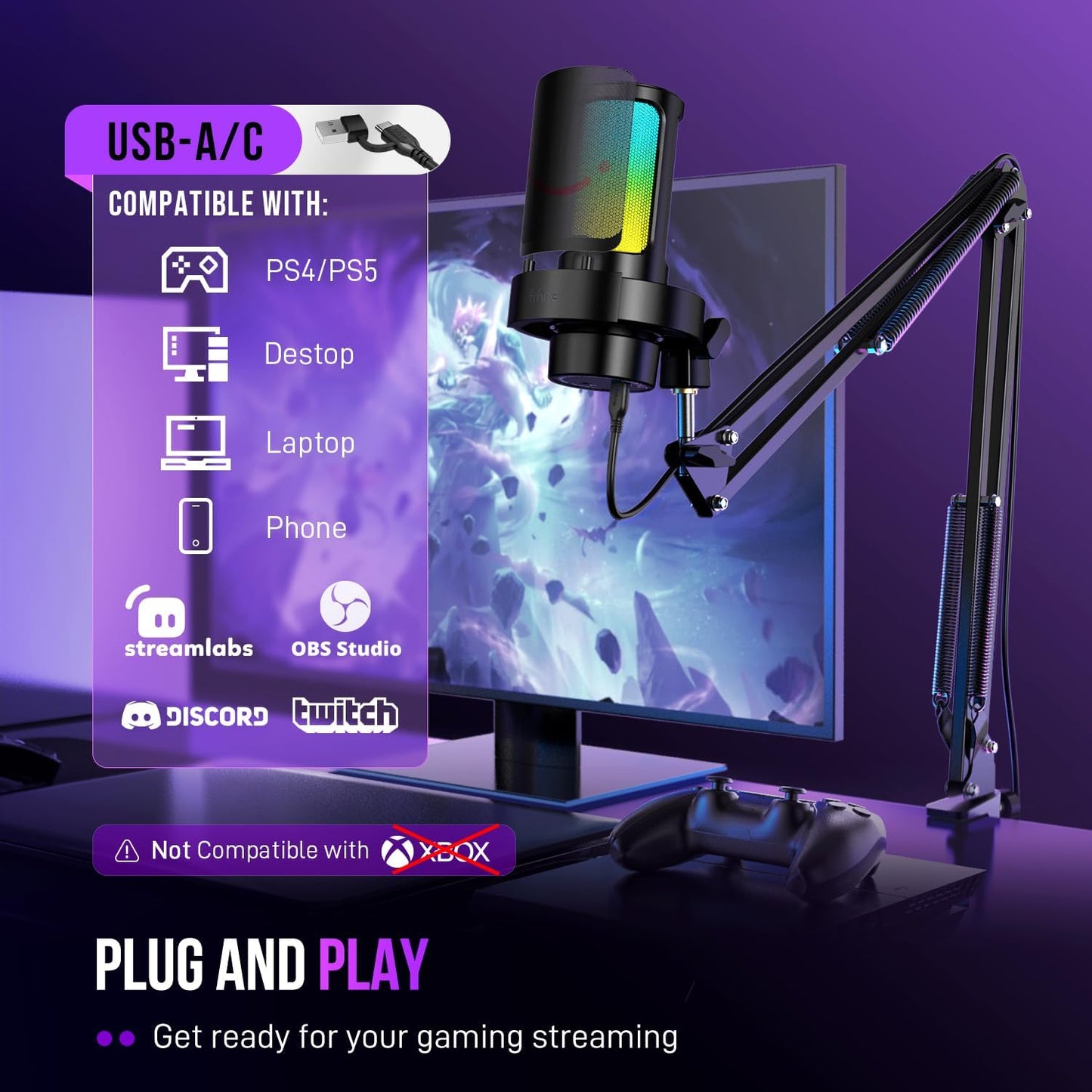 FIFINE USB Gaming Microphone Kit, PC Streaming Mic with RGB Lights, Mute, Gain Knob, Metal Boom Arm for Recording Podcast, Condenser Computer Microphone Set Compatible with PS4/PS5-AmpliGame A8T