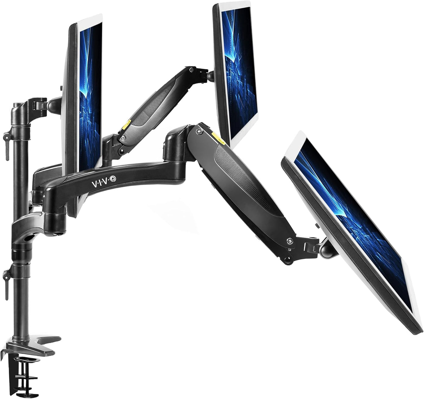 VIVO Triple Pneumatic Monitor Mount for 3 Screens up to 32 inches, Fully Adjustable, Heavy Duty Desk Stand with C-Clamp Grommet, Black, STAND-V300G