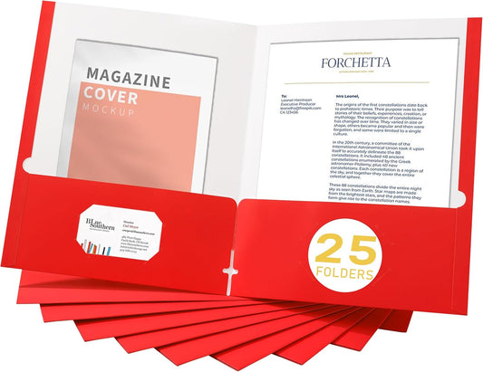 Zzrywuty File Folders with Pockets Letter Size, 25-Pack Paper Folders with Card Slot, Two Pocket Folders for School Students, Businessmen, Home and Office Workers（Red）