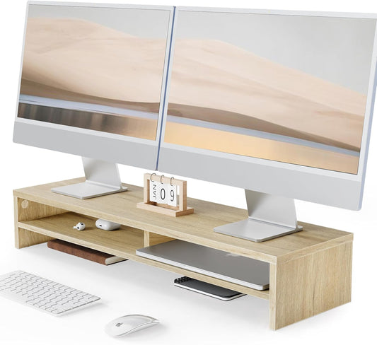 Fenge Monitor Stand, 31.5 Inch Computer Monitor Riser for Desk, 2 Tiers Wood Desk Shelf with Storage, Desktop Organizer for PC, Laptop, Screen, Printer