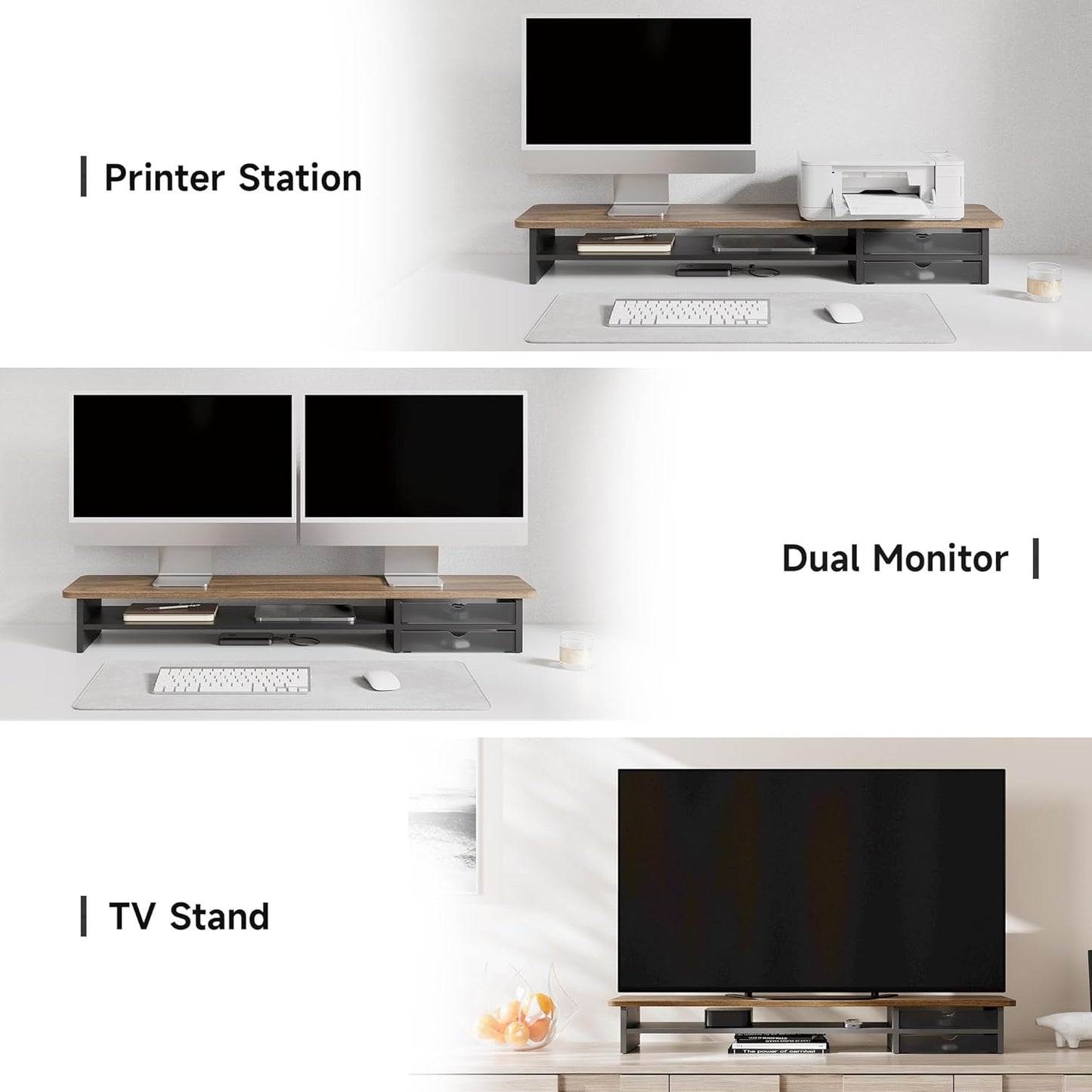Fenge Monitor Stand, Dual Monitor Riser, 42.5inch Large Desk Computer Monitor Stand Riser with Drawer, 2 Tier Wood & Acrylic Desktop Organizer for Computer, Laptop, Printer, TV Screen Riser