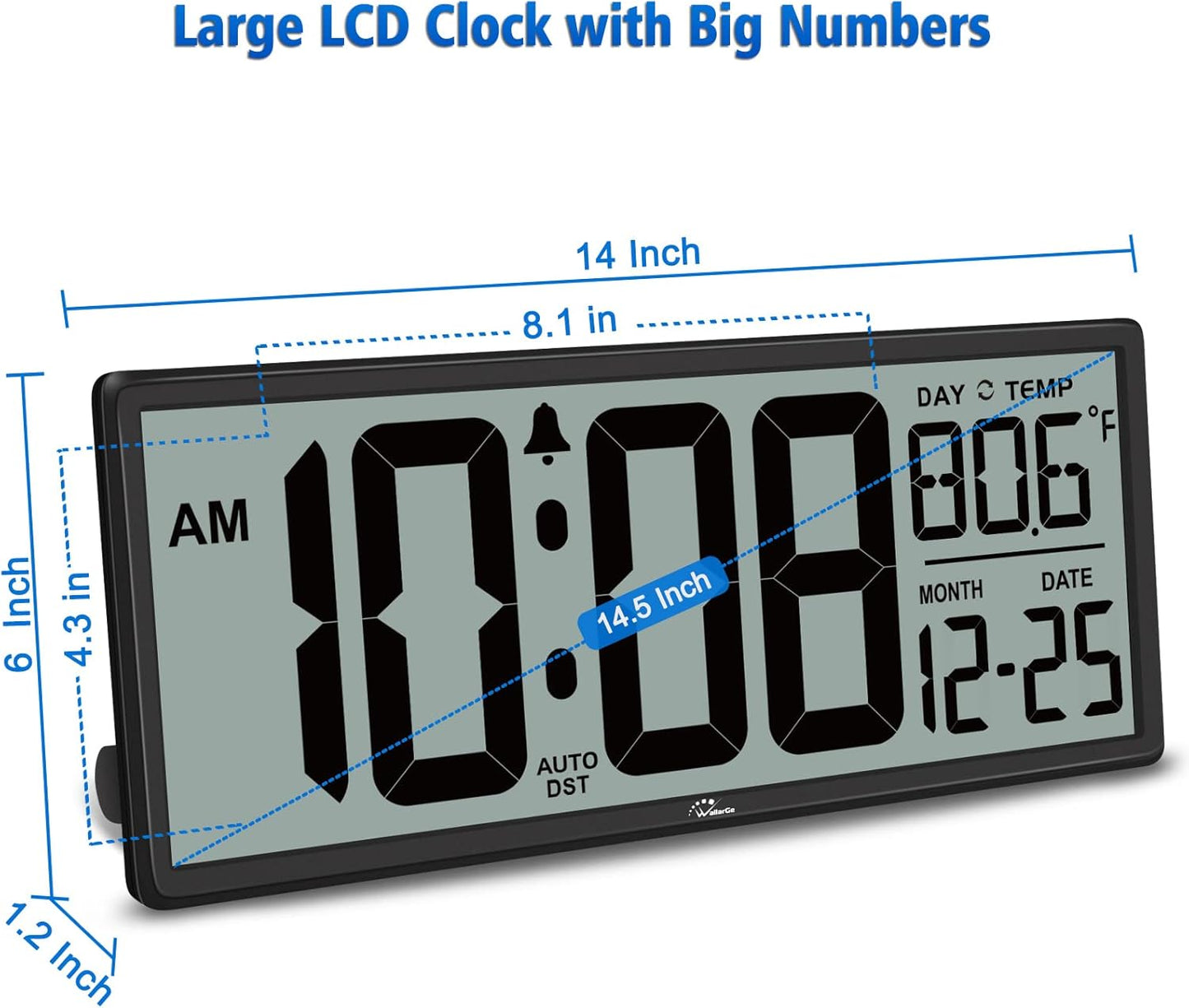 WallarGe 14.5'' Large Digital Wall Clock Battery Operated with Jumbo Numbers, Temperature and Date - Easy to Read and Set, Auto DST