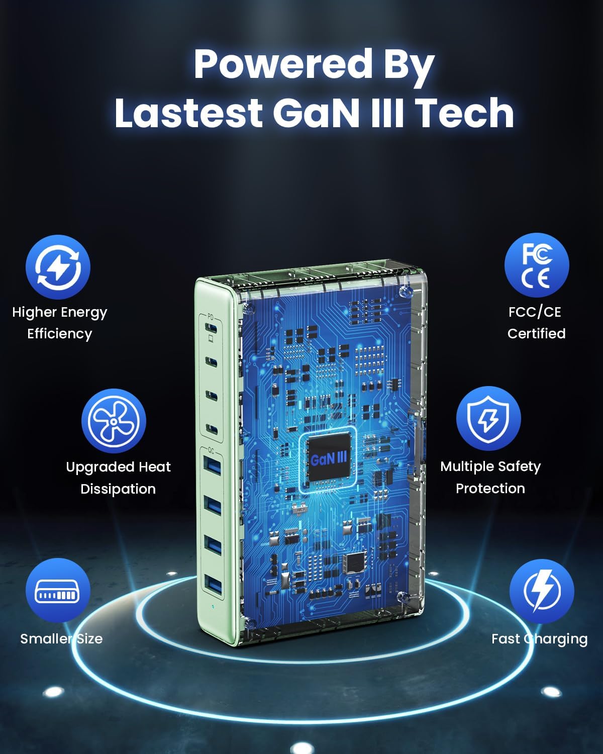 200W USB C Charger Block,8-Ports GaN III Fast Charging Station Hub,QC4.0+PD 65W Laptop Charger Wall Chargers Power Adapter for MacBook Pro/Air,DELL,Steam Desk,iPhone 16/15,iPad,Galaxy S25,Pixel-Green