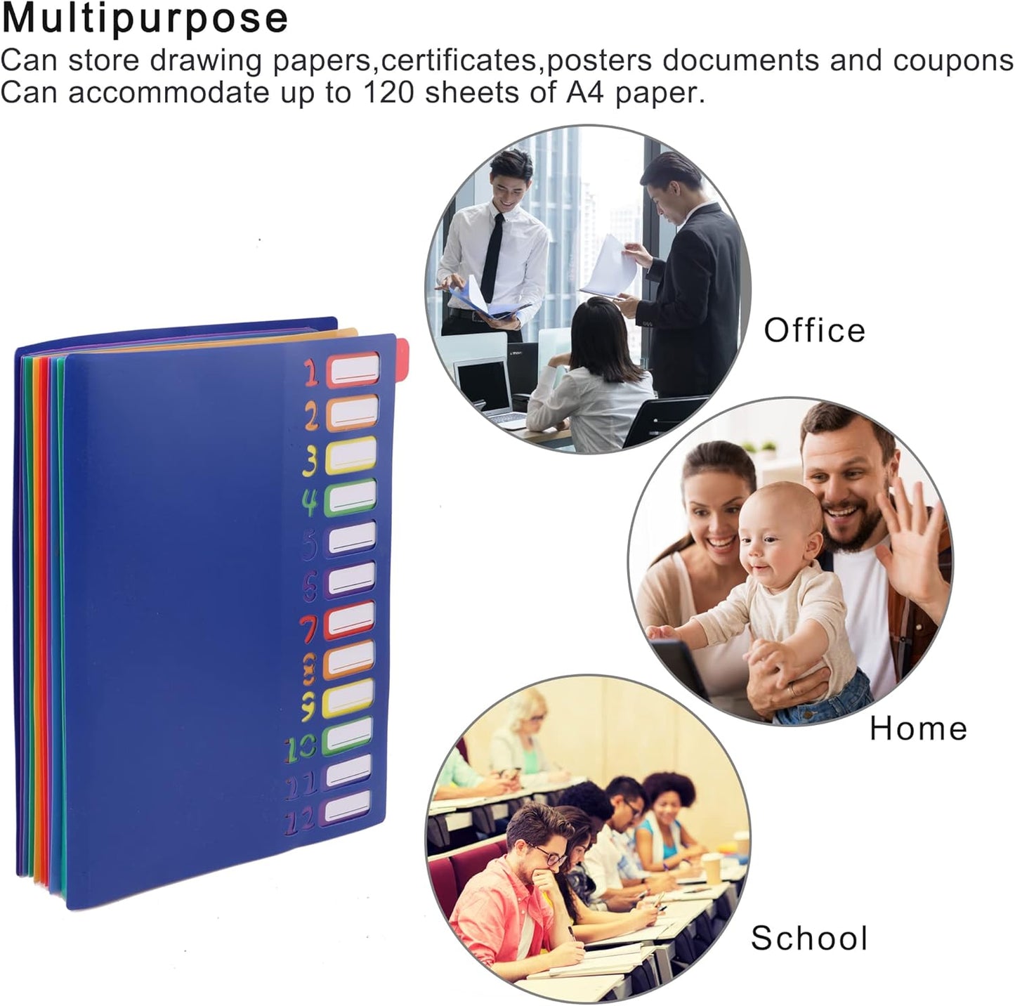 Rainbow Tab Expanding File Folder - 24 Pockets, Durable A4 Letter Size Organizer, Water-Resistant Plastic Dividers, Home/Office/School Document Holder (Blue)