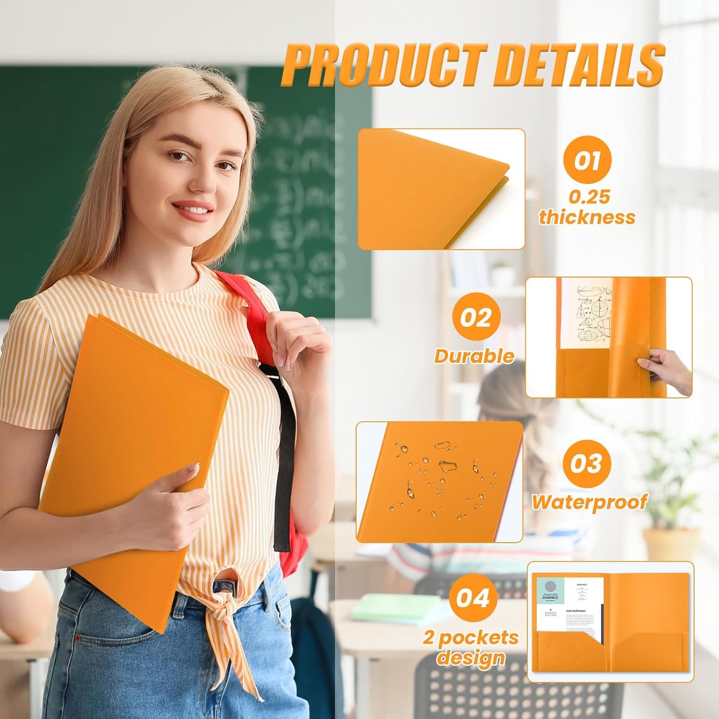 Gueevin 24 Pcs Plastic Folders with Pockets, Back to School Two Pocket Folder Fit Letter Size, Heavy Duty School Business Card Holder for Home Office, 11. 61 x 9. 45 Inches (Orange)