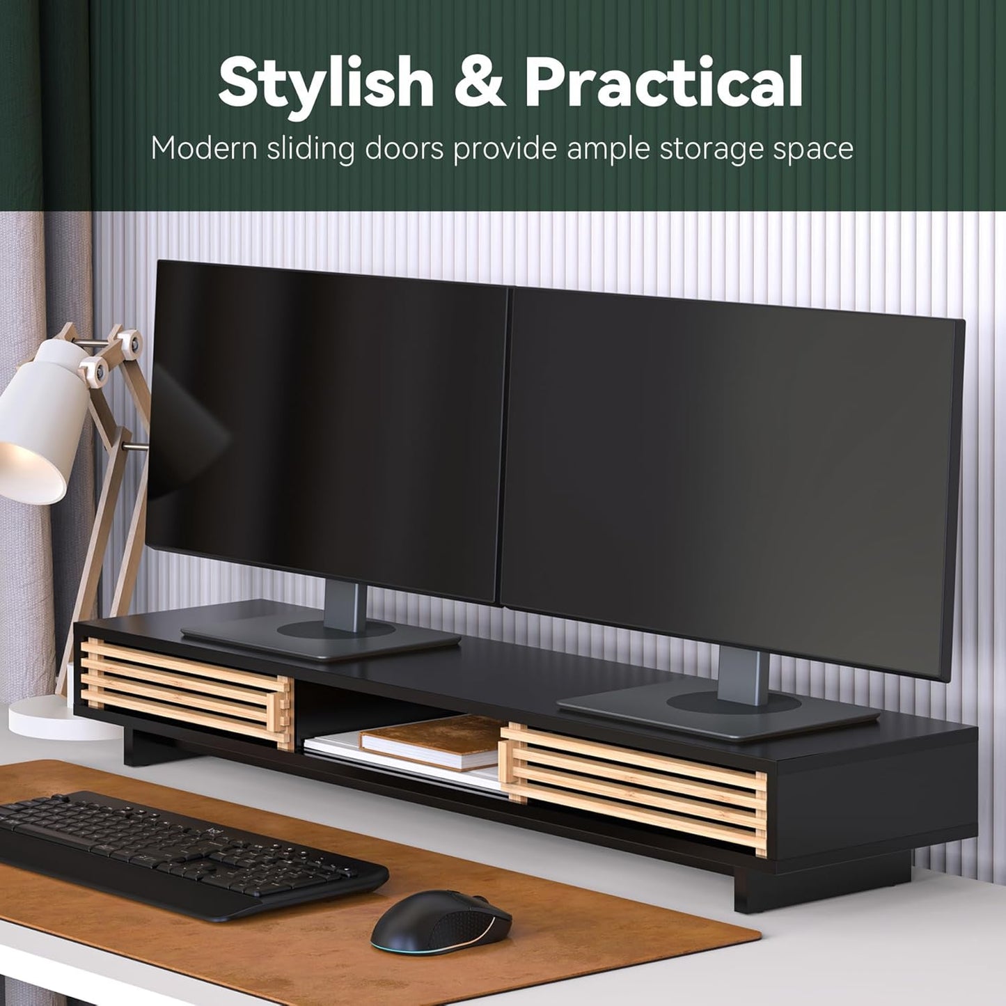 Dual Monitor Stand Riser with Sliding Door, Double Computer Laptop Stand Desk Shelf Organizer with Storage (Black + Natural Bamboo, 38 Inch)