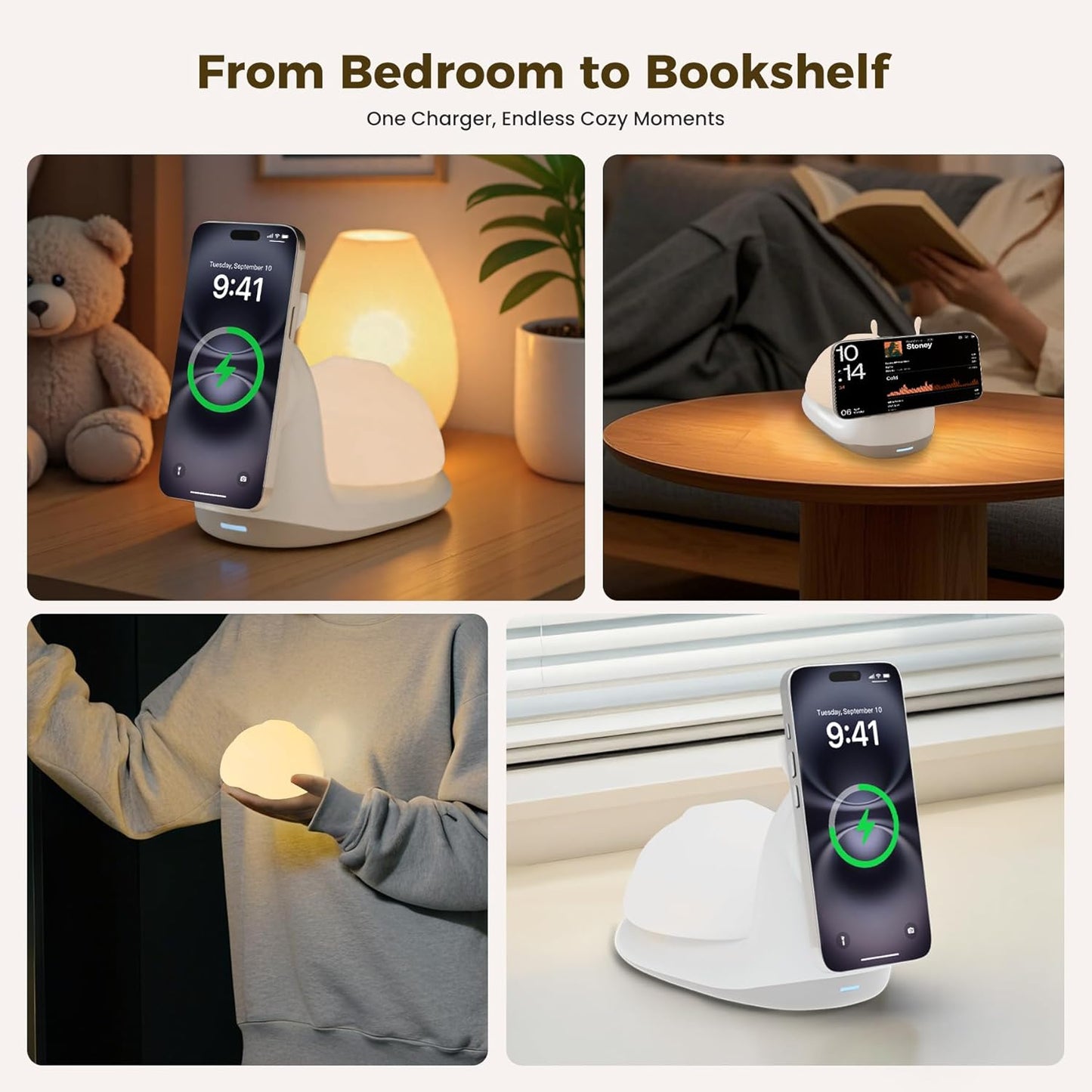 2-in-1 Magnetic Wireless Charger Stand: Cute Snail-Shaped 15W Qi Fast Charging Pad for iPhone 16/15/14/13/12 Pro Max Series & Cordless Tap-to-Light Bedside Night Lamp - (Desktop/Nightstand)