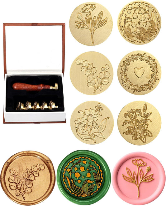 Yoption Wax Seal Stamp Gift Box Kit, 6 Pcs Botanical Sealing Wax Stamp Heads with 1 Wooden Hilt for Wedding Invitations Envelope Cards Gift Decoration (Botanical Series)