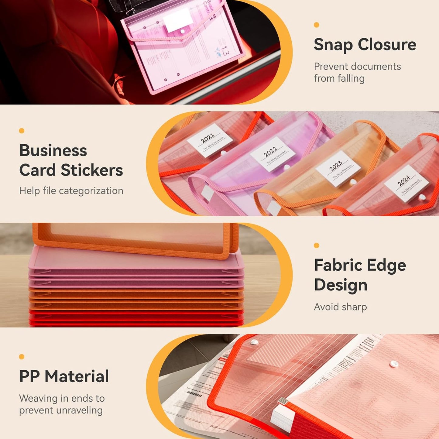 ABC life 6 Pack Plastic Expanding File Folder, Folders for Documents with Snap Closure, Colorful File Folder Organizer Holder, Transparent, Large Capacity, Fit Letter/A4 Size - Warm Pink