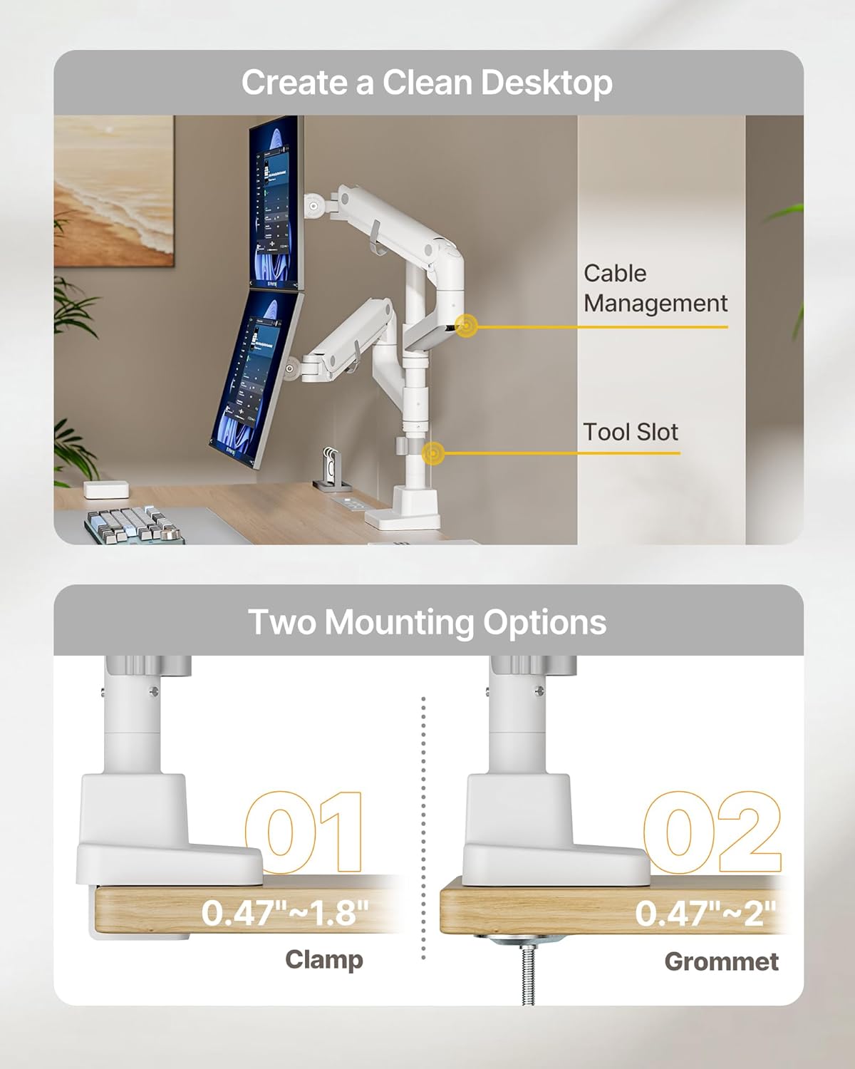 monTEK Dual Monitor Arm for up to 57" and 59.4 lbs Ultrawide Screen, Aluminum Heavy-Duty Gas Spring Vertical Stackable Curved Screen Adjustable Monitor Stand, 75/100mm Vesa Mount, White