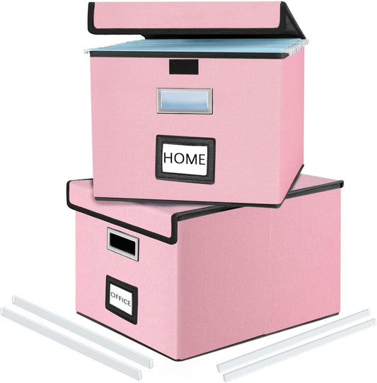 Huolewa Collapsible File Storage Organizer Boxes with Lids, Linen Document Storage, Universal Hanging Filing Organization Boxes for Letter/Legal, Decorative Office/Home File Bins - Boxes Only(2 Pack)