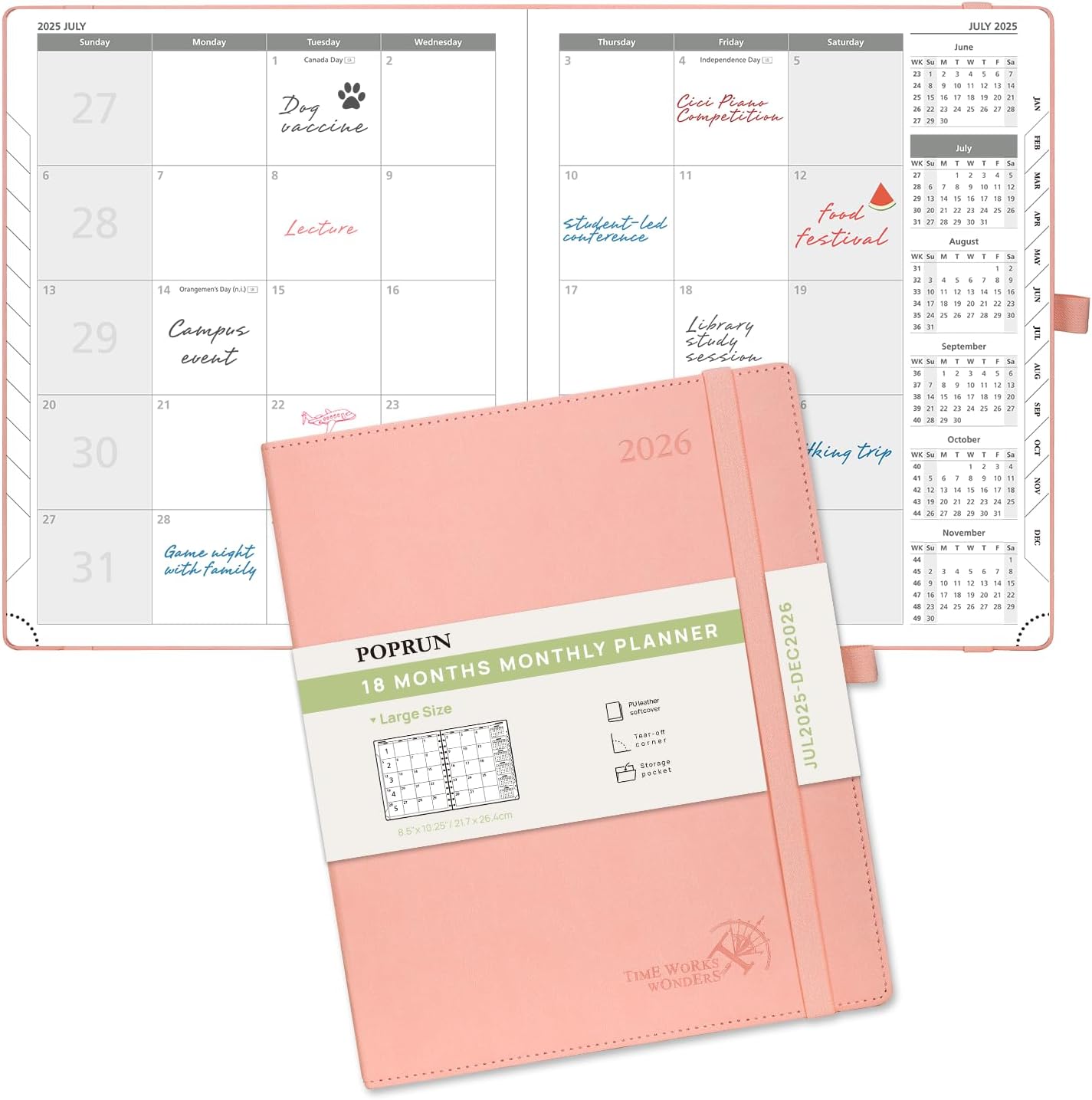 POPRUN Monthly Planner 2025-2026 (Large- 8.5" x 10.5" Soft Cover), 18-Month Calendar Book (Jul.2025-Dec.2026), Calendar Planner with Monthly Tabs & Pocket, 100 GSM Paper - Pink