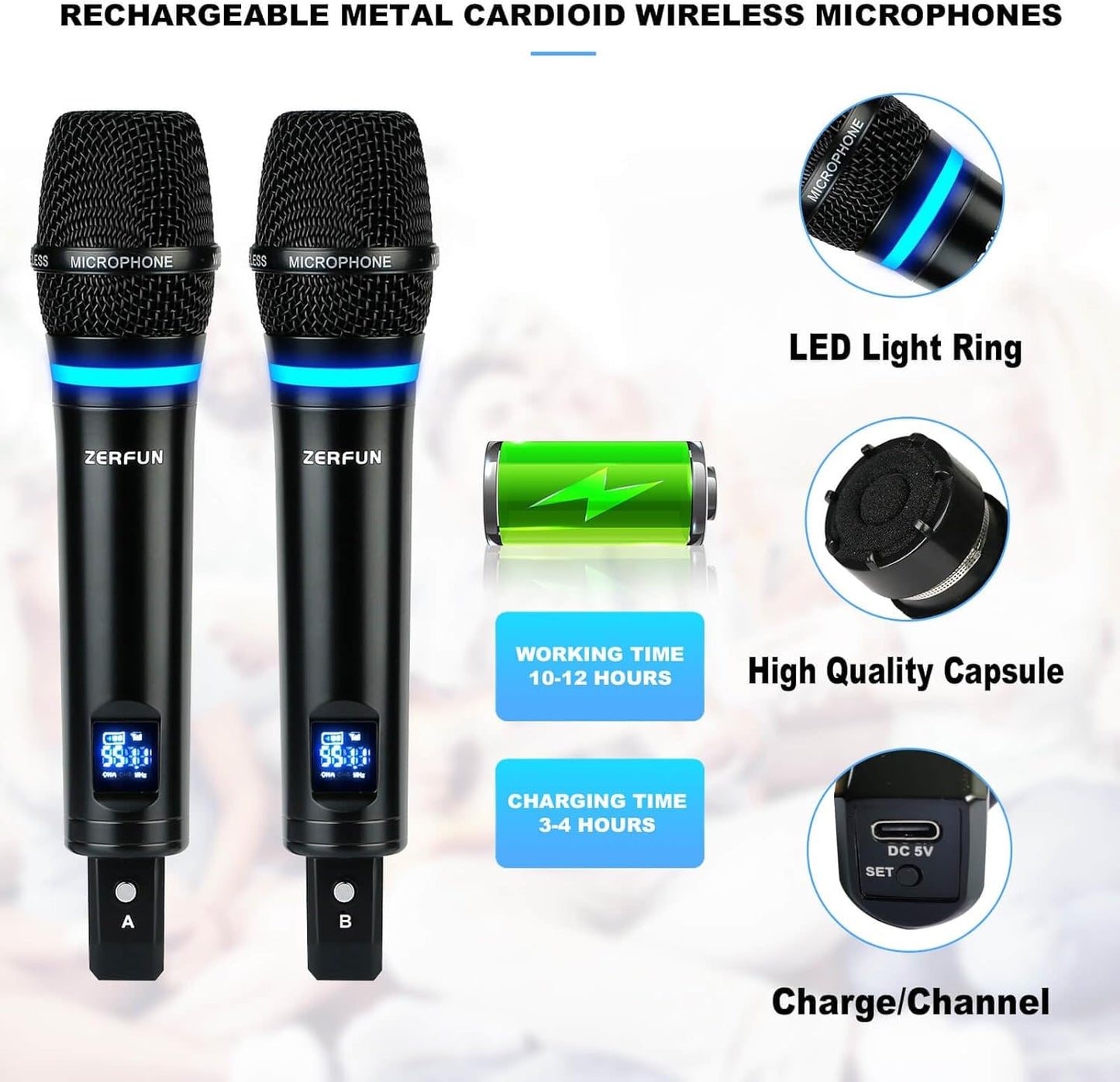 Rechargeable Wireless Microphone System 4 Channel Pro, UHF Metal Handheld Headset Lavalier Lapel Mics Cordless for Church Karaoke Singing with Volume Control, 4x50 Frequency(G8)